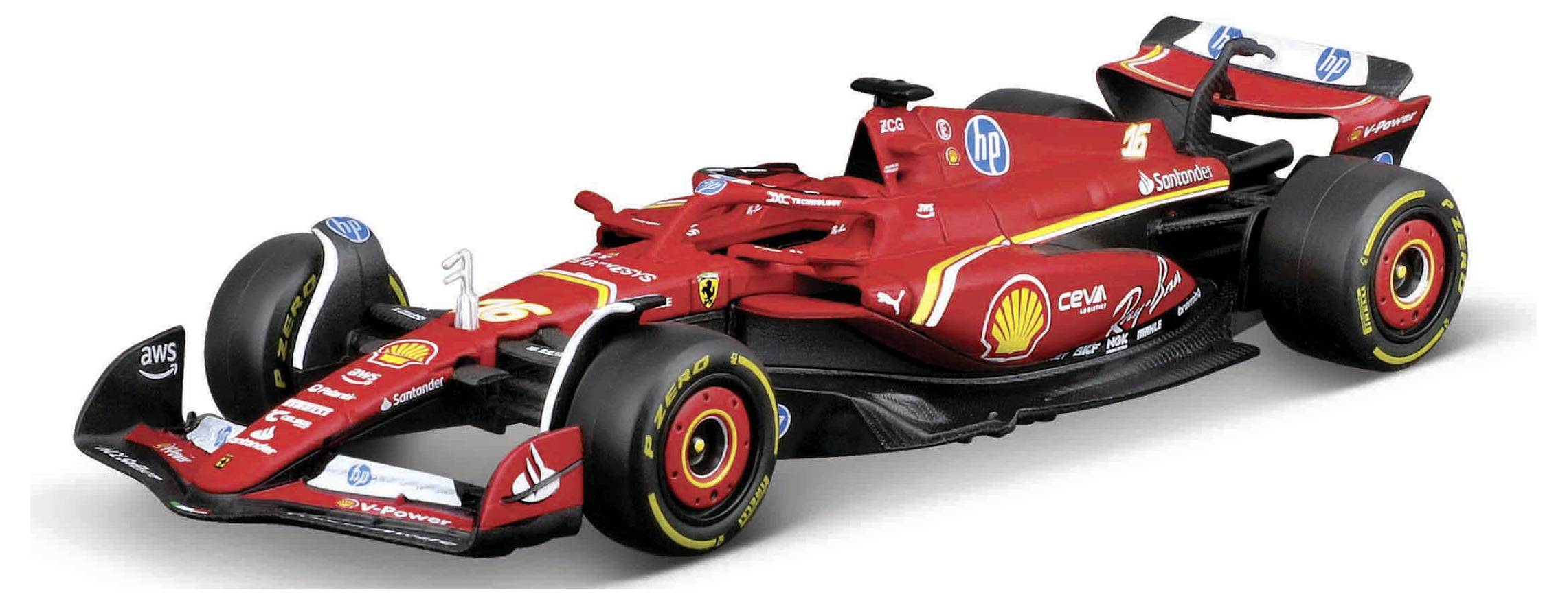 Une voiture de Formule 1 rouge avec des logos de sponsors est garée sur une surface lisse.