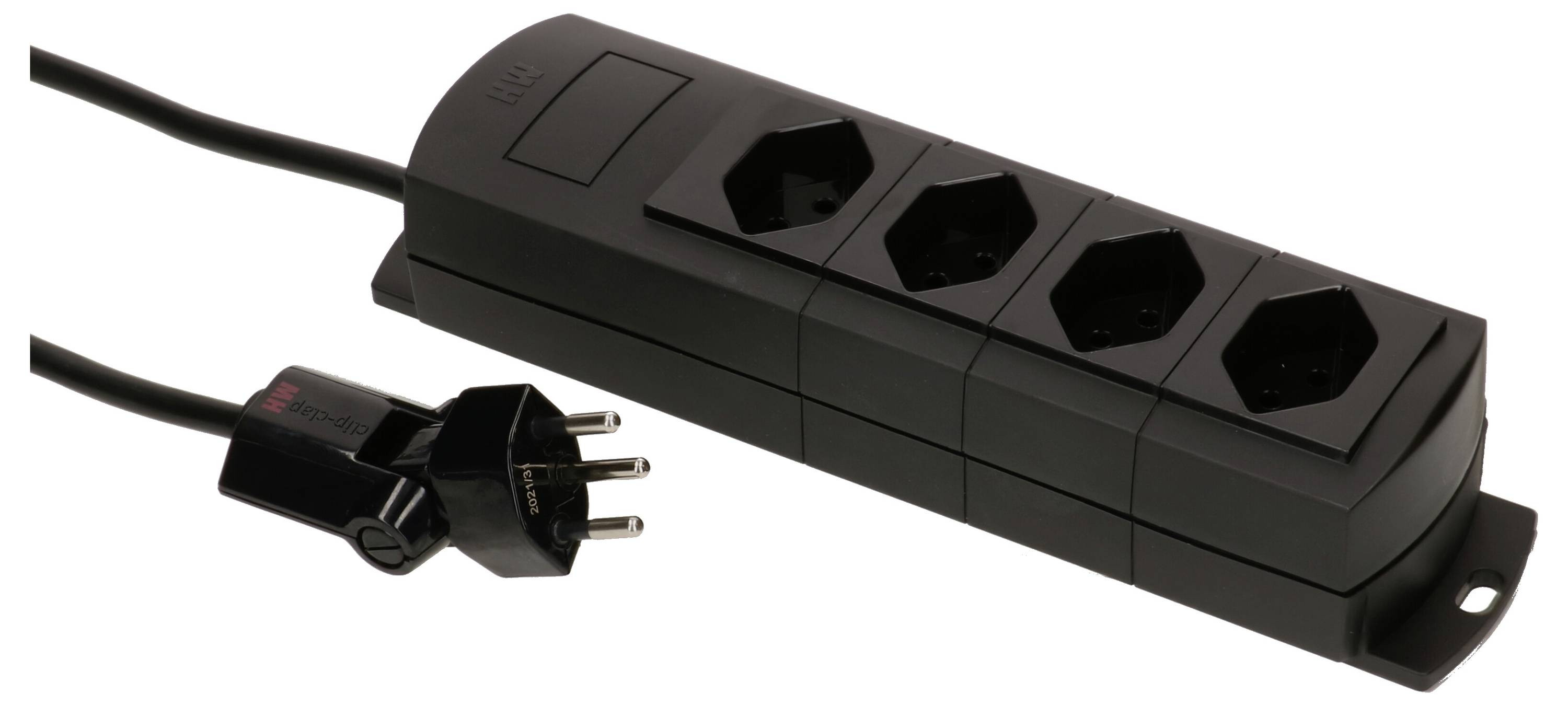 Un répartiteur électrique noir avec quatre prises électriques européennes et une fiche à l'extrémité du câble.