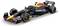 Une voiture de Formule 1 noir et rouge avec des logos de sponsors sur la carrosserie et les pneus, conçue dans le style de l'écurie de course emblématique.