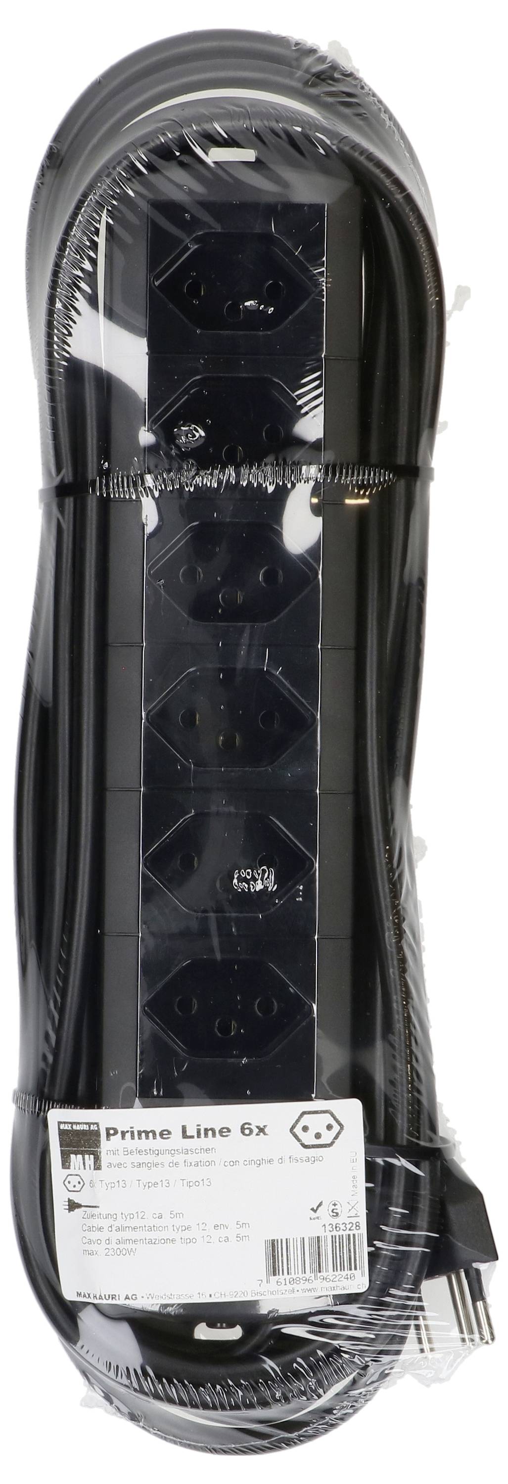 Multiprise 'Prime Line 6x' en emballage, couleur noire, six emplacements, avec câble long.