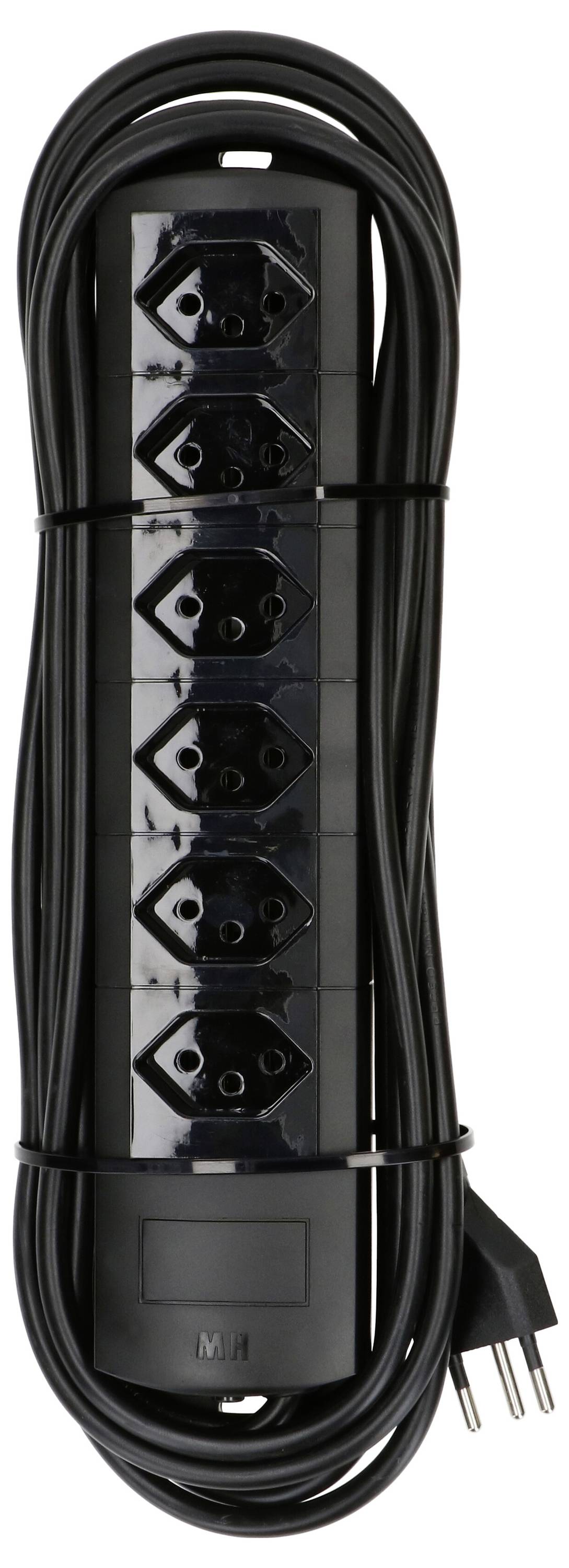Multiprise 6 ports de couleur noire avec câble et fiche, adaptée à plusieurs appareils électriques.