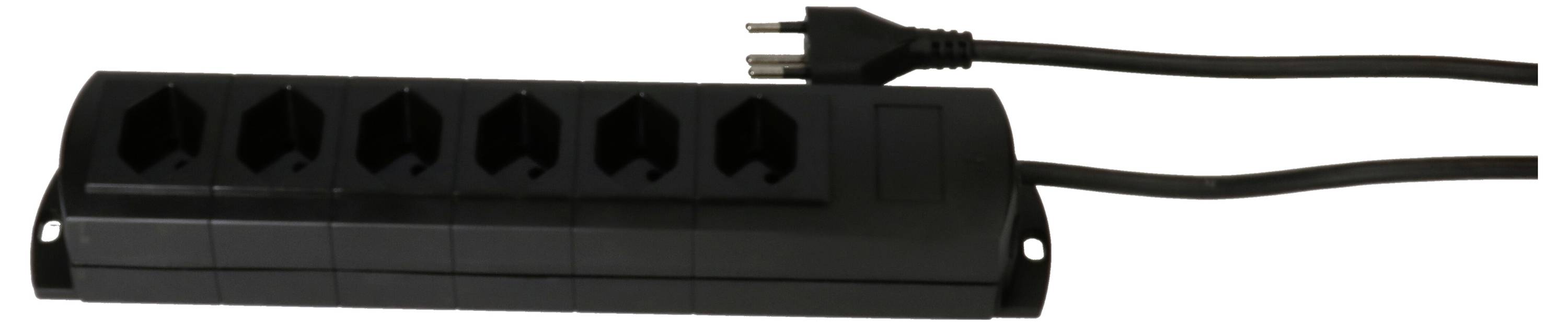 Multiprise noire à six emplacements avec câble d'alimentation bipolaire, adaptée pour connecter plusieurs appareils électriques.