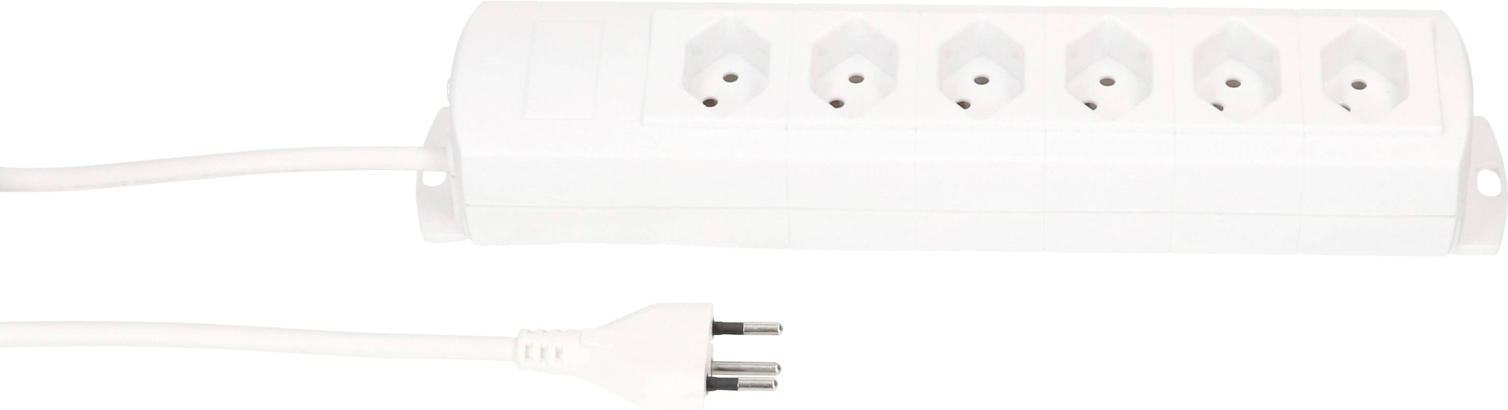 Multiprise blanche à six prises avec câble et fiche, adaptée pour connecter plusieurs appareils électriques.