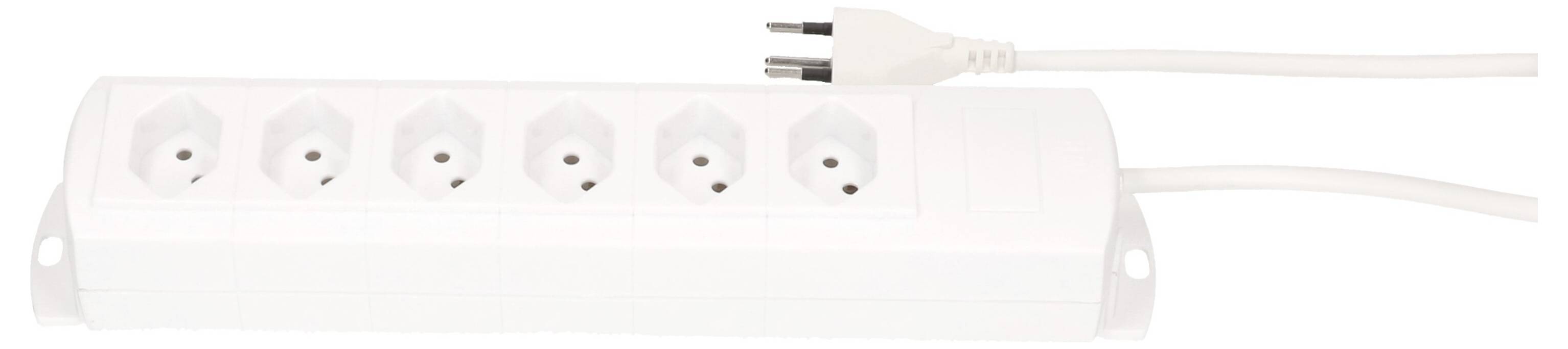 Une multiprise blanche à six emplacements avec une fiche, adaptée pour connecter plusieurs appareils électroniques.