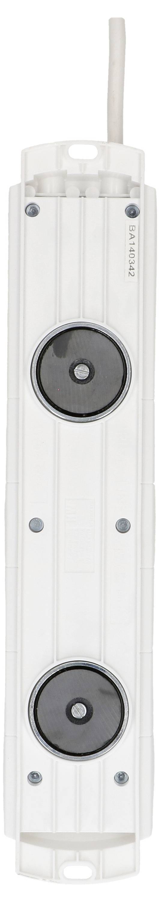 L'image montre un capteur blanc et allongé avec deux aimants circulaires sur la face avant. Un câble est fixé en haut.