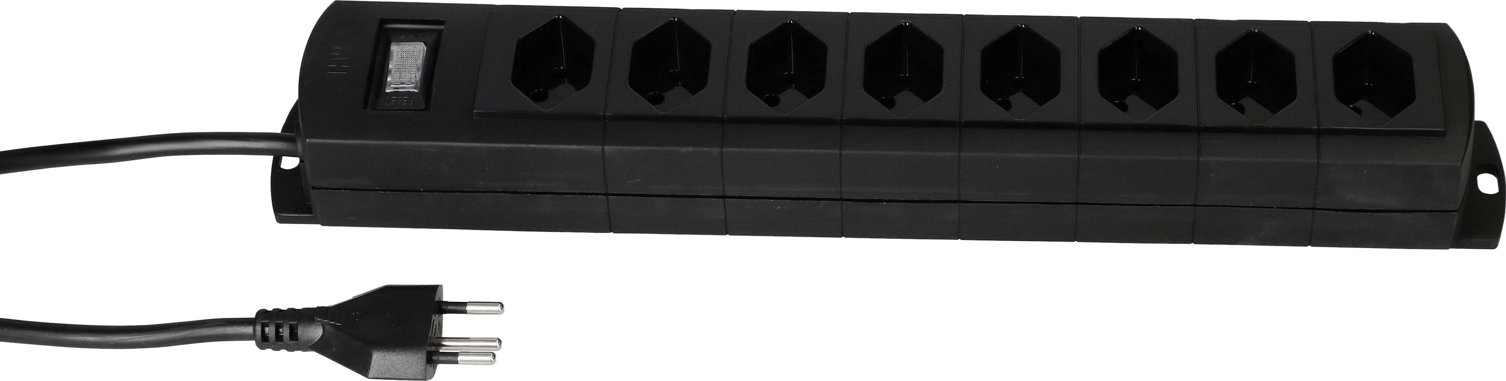 Bloc multiprises noir à six emplacements, équipé d'un interrupteur et relié par un câble avec une fiche bipolaire.