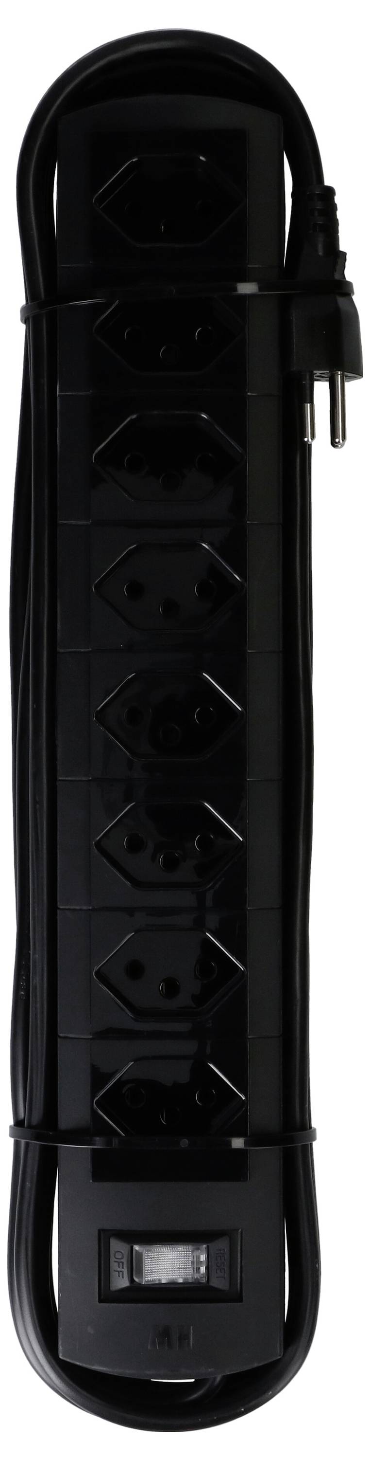 Une barrette d'alimentation noire à six emplacements, avec un câble secteur enroulé et fixé sur le côté.