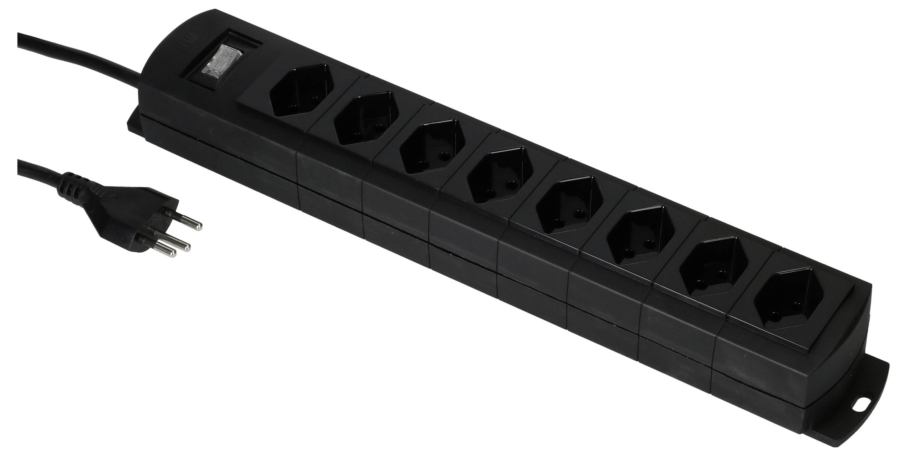 Bloc multiprise noir à huit emplacements avec un interrupteur de sécurité, adapté aux branchements électriques.