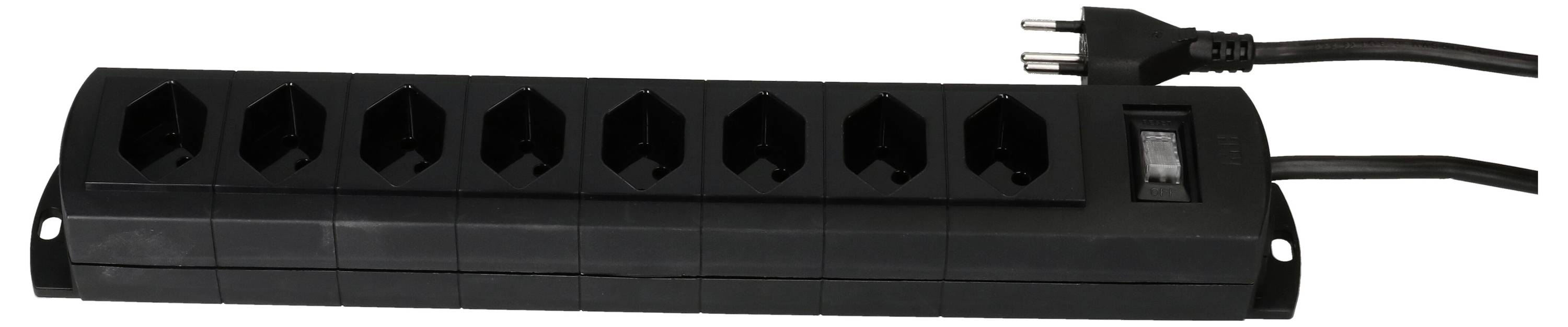 Bloc multiprises noir à sept emplacements, équipé d'un interrupteur marche/arrêt sur le côté, avec une fiche adaptée aux prises électriques européennes.