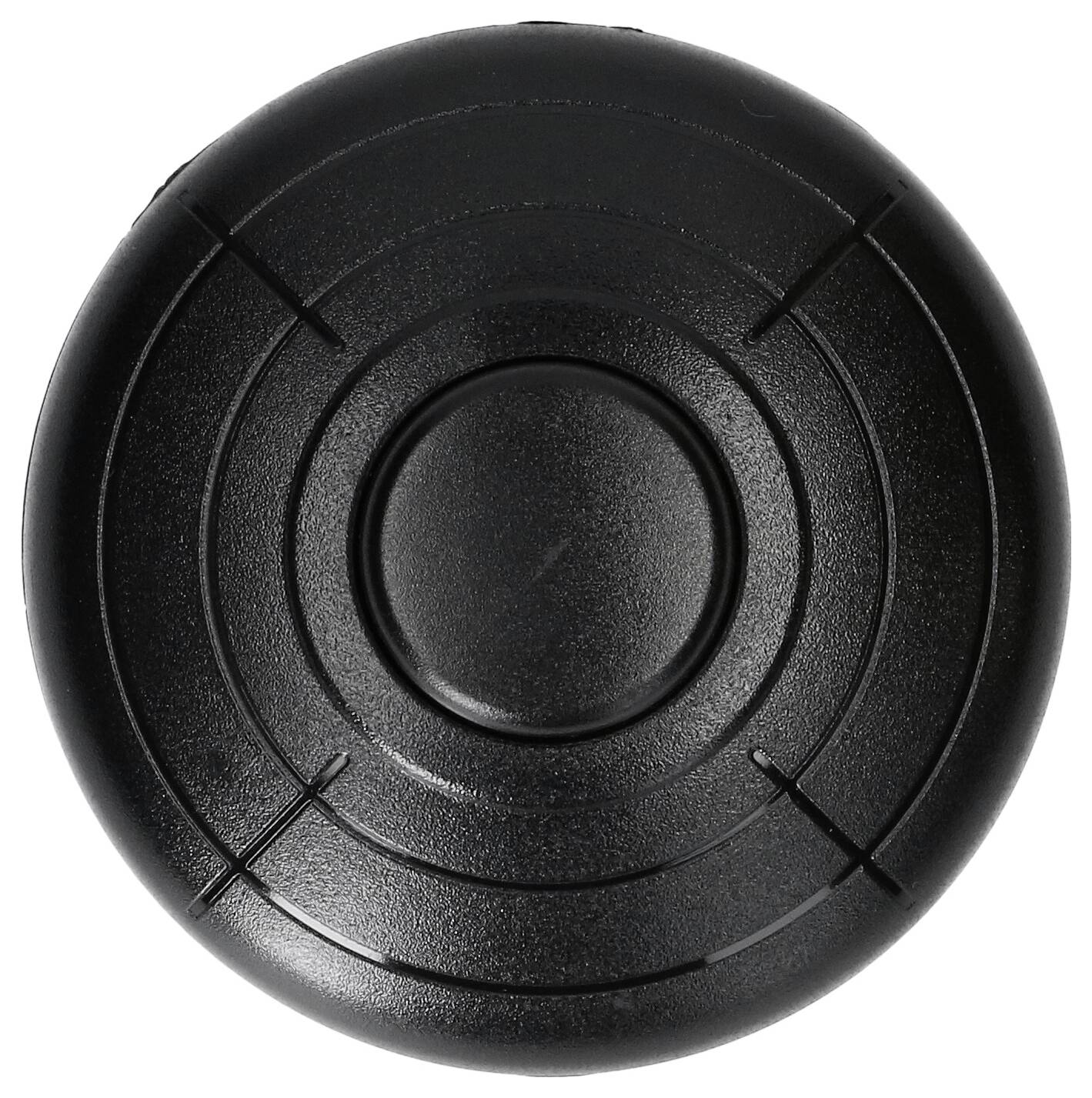 Pied en caoutchouc dur noir et rond, avec des rainures concentriques, adapté comme butoir ou amortisseur.