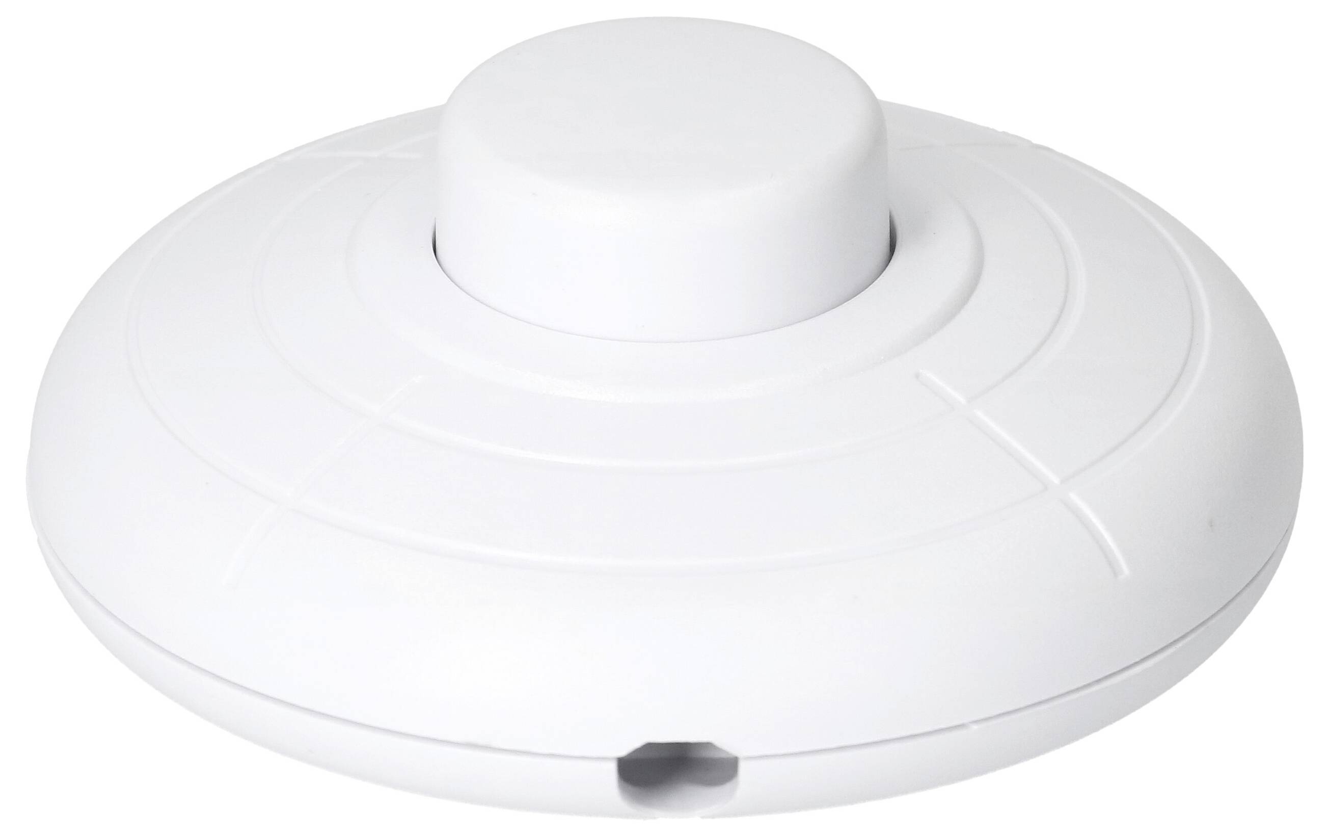 Détecteur de fumée circulaire avec boîtier blanc, bouton central et capteur latéral.