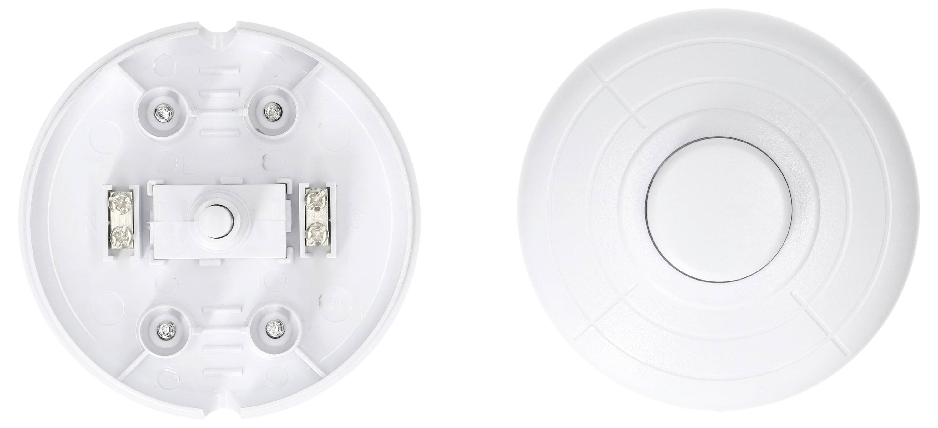 Deux détecteurs de fumée ronds et blancs, l'un avec sa face arrière et son compartiment à piles visible, l'autre vu de dessus avec un bouton central.