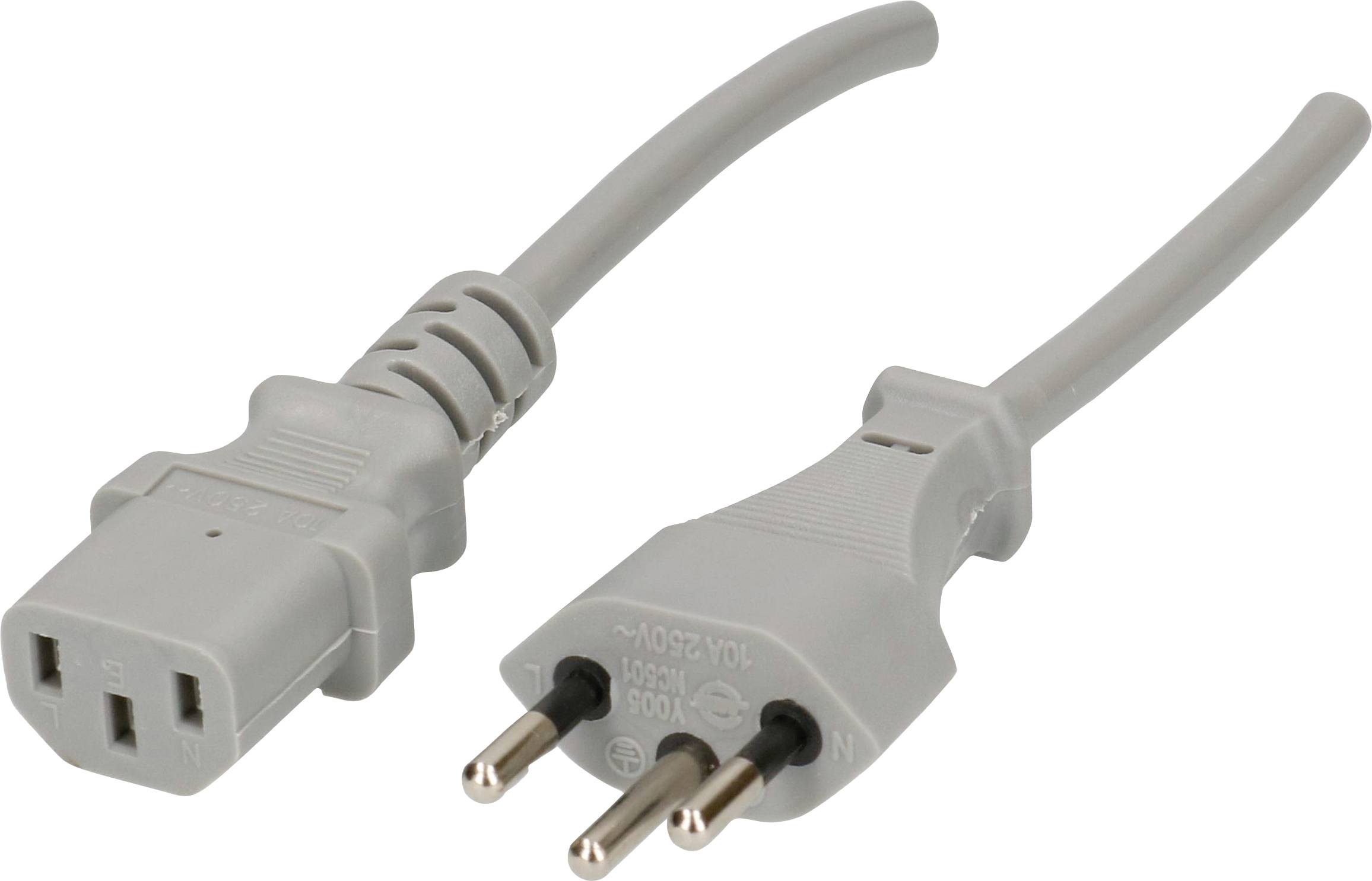 Deux connecteurs électriques gris : à gauche, une prise femelle IEC, à droite, une prise mâle suisse, tous deux placés côte à côte.