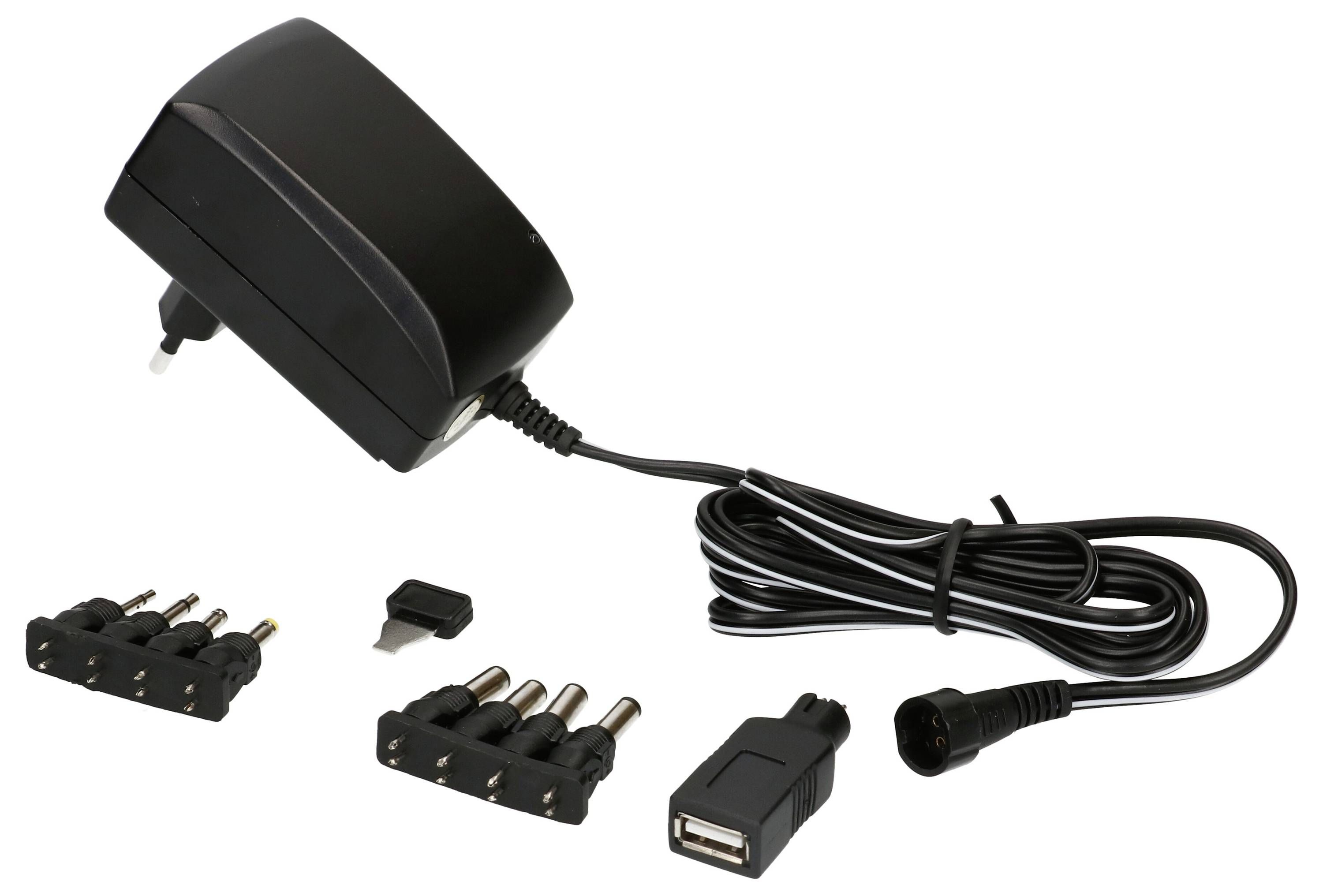 Chargeur noir avec câble amovible, plusieurs adaptateurs de prise et port USB. Adapté à divers appareils électroniques.