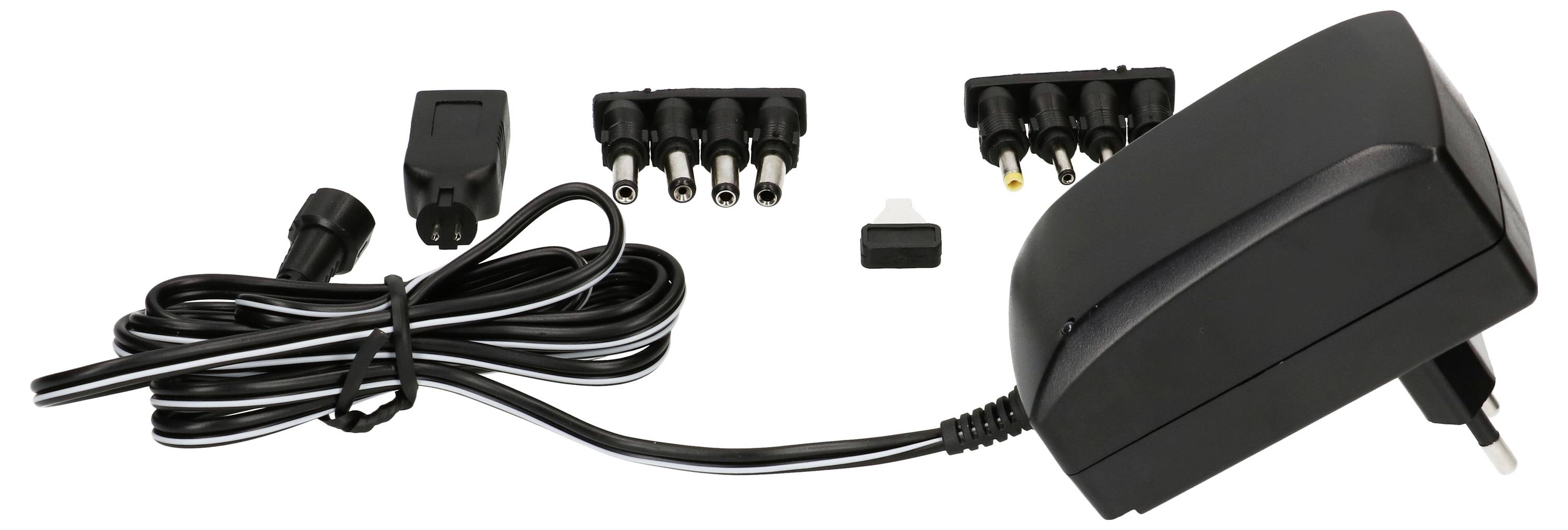 Un adaptateur secteur universel avec plusieurs fiches interchangeables et un long câble, adapté à divers appareils électroniques.