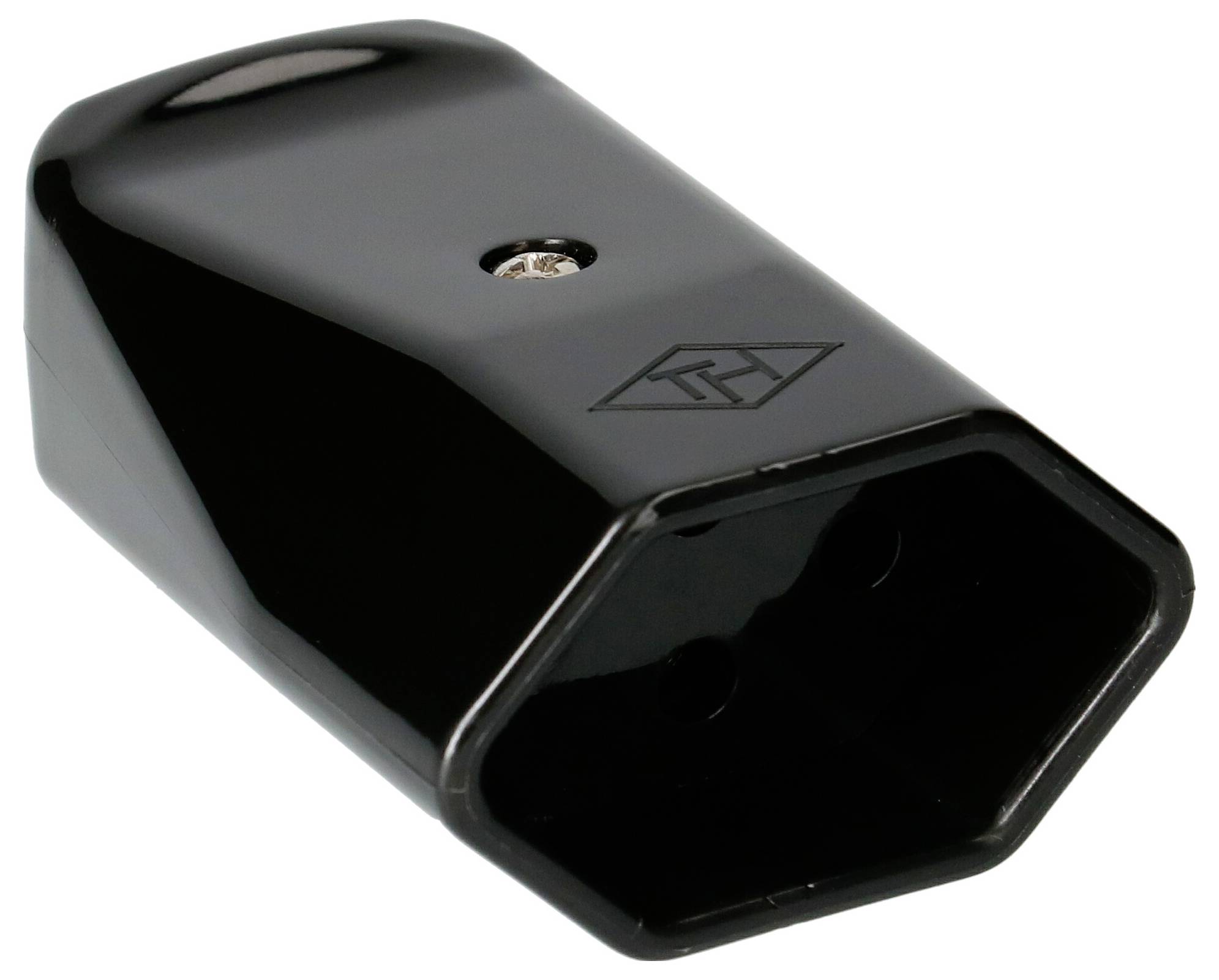 Adaptateur noir bipolaire à fiche, forme hexagonale, avec logo sur le côté et vis de fixation positionnée au centre.