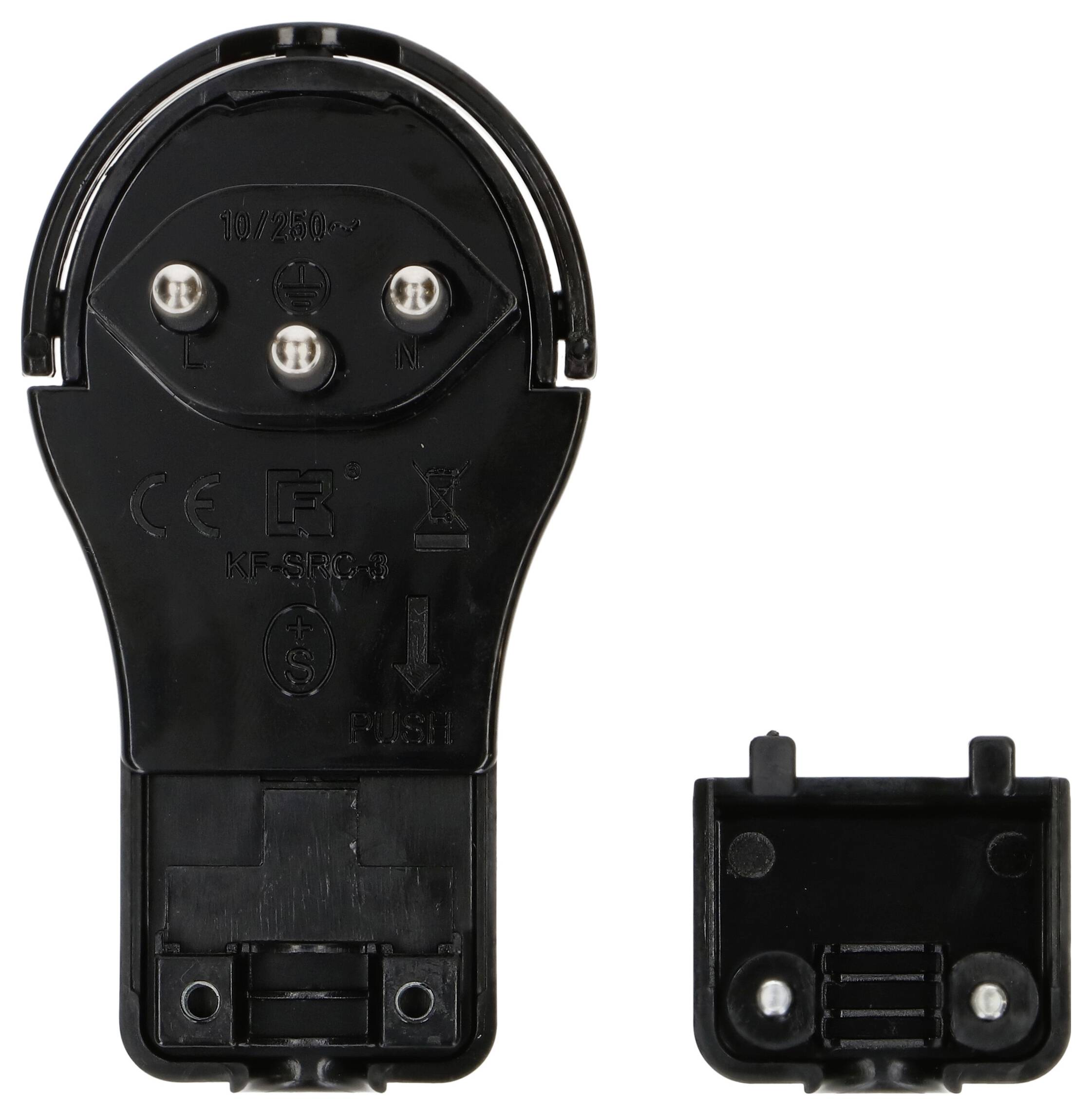 Un adaptateur électrique noir, ovale, avec quatre éléments métalliques et une partie amovible, adapté à différents types de prises.