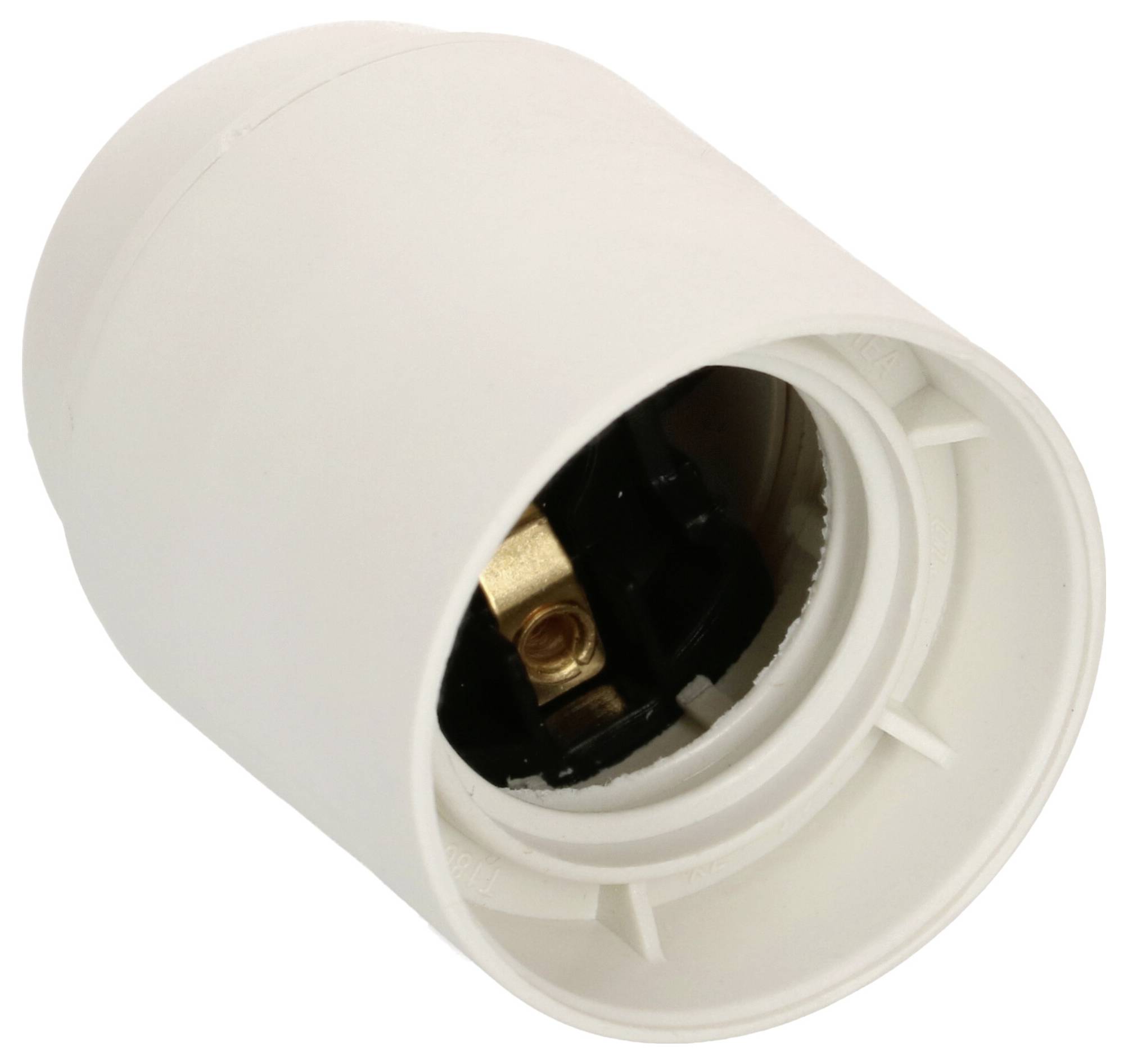 Un support de lampe blanc avec un filetage intérieur visible et un contact métallique, adapté pour la fixation d'une ampoule.