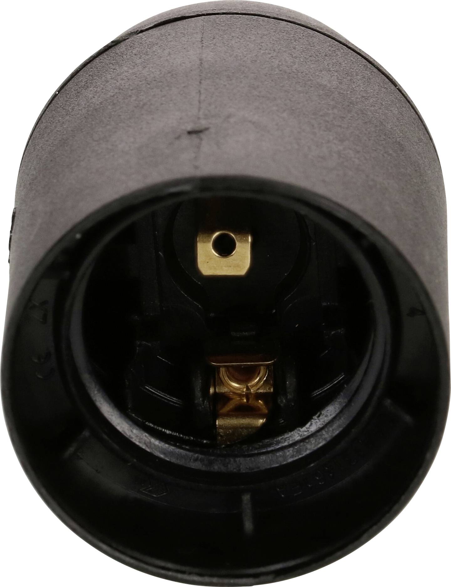 Un support de lampe en plastique noir avec des contacts métalliques visibles à l'intérieur.