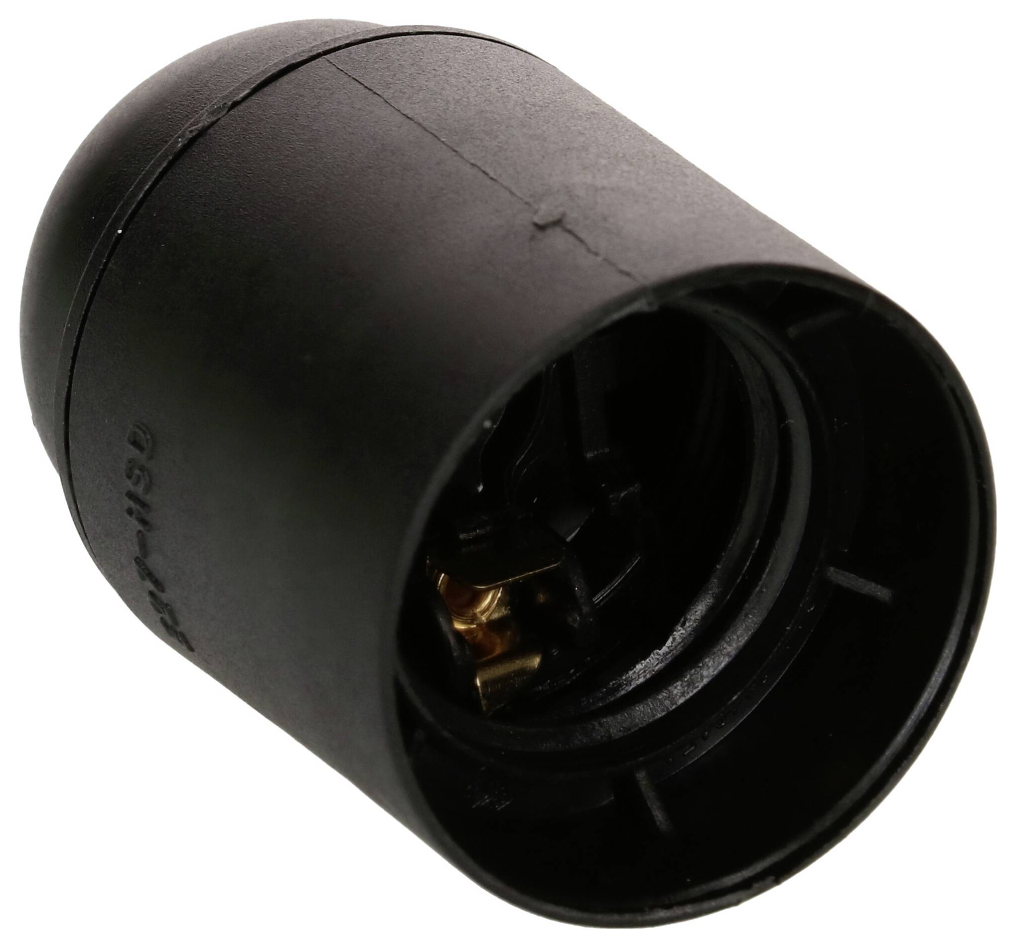 Support de lampe noir en plastique, pris de côté. Adapté pour recevoir une ampoule à des fins d'éclairage.