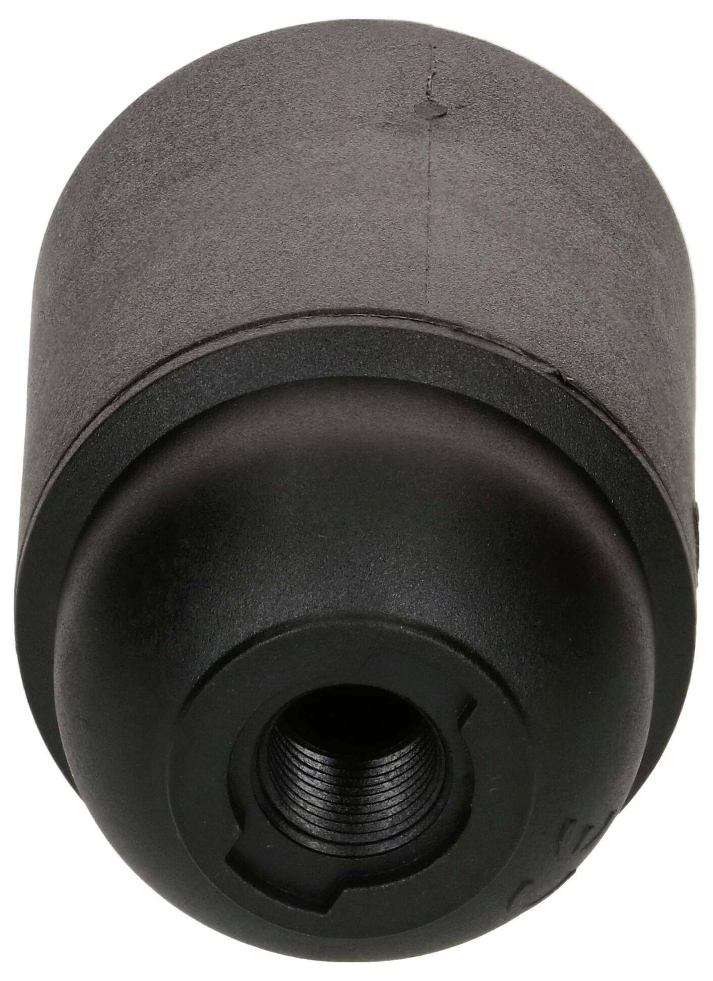 Condensateur électronique cylindrique avec boîtier noir, montrant l'extrémité de connexion avec un filetage de vis pour la fixation.