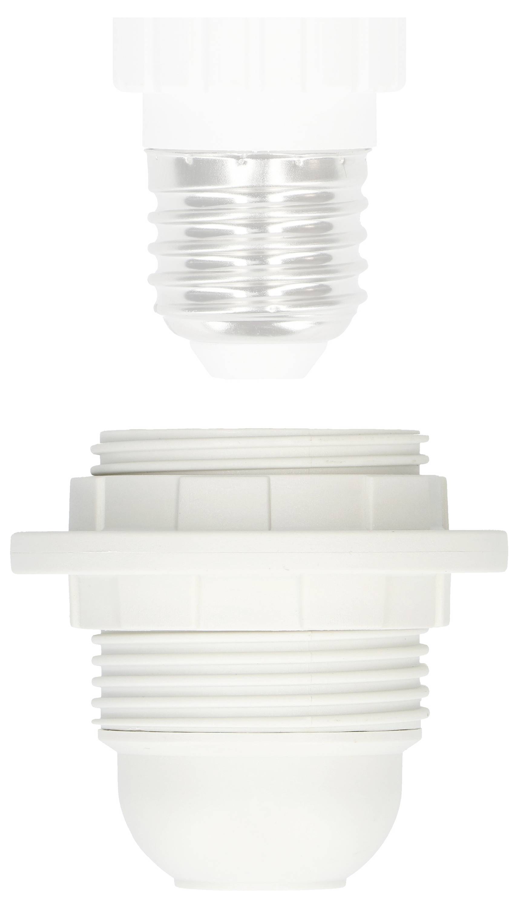 Un adaptateur blanc avec un filetage fileté, composé de deux parties : une partie supérieure avec un filetage métallique et une partie inférieure avec un filetage en plastique.