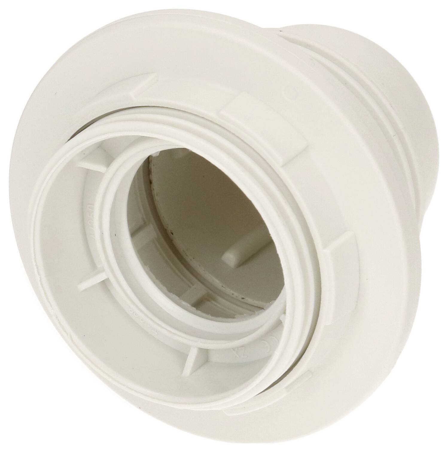 Un raccord en plastique blanc, probablement une partie d'un tuyau ou d'un joint, avec plusieurs rainures et un design circulaire.