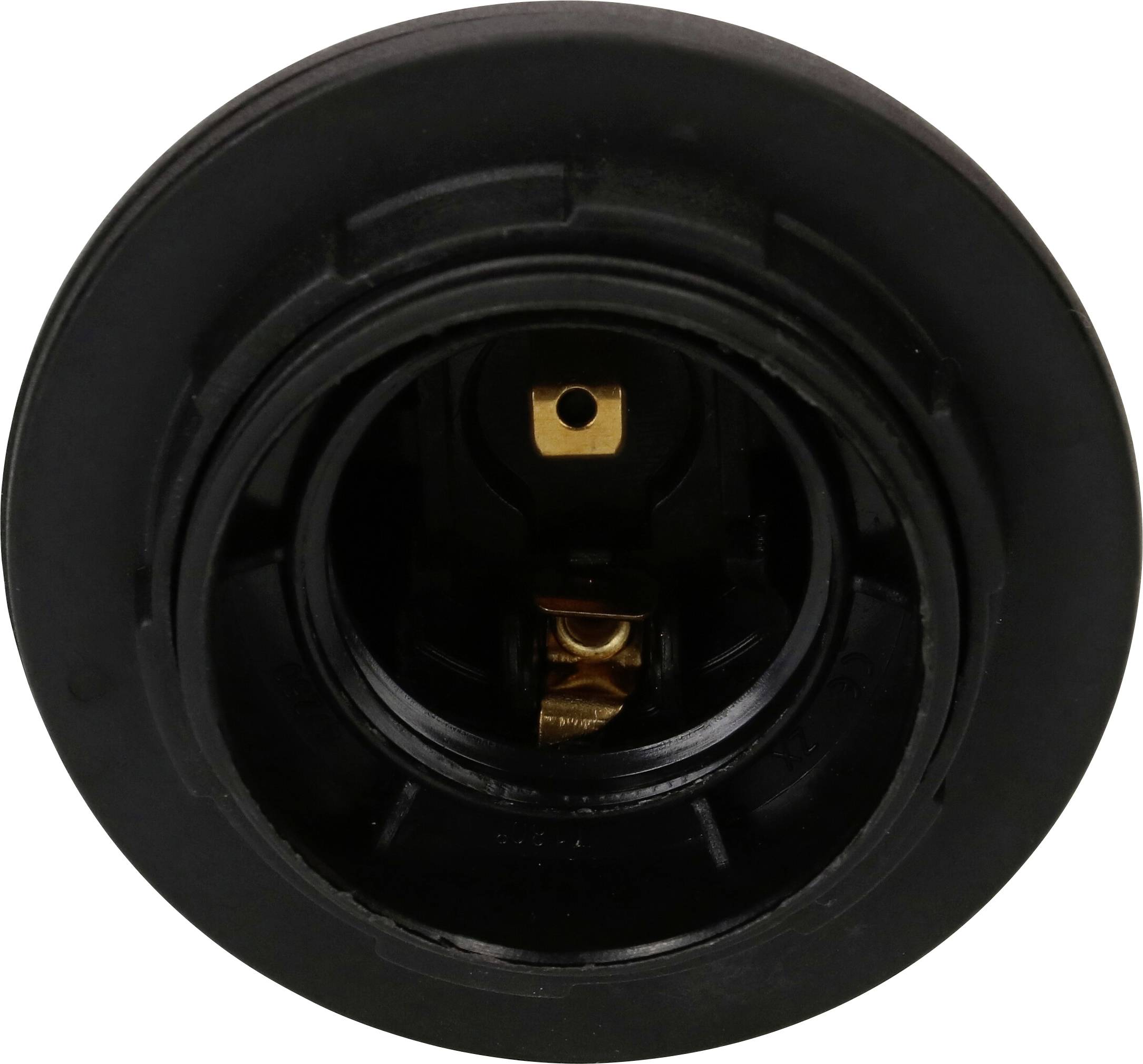 Un socle noir, circulaire, pour douille de lampe, avec deux contacts dorés au centre.