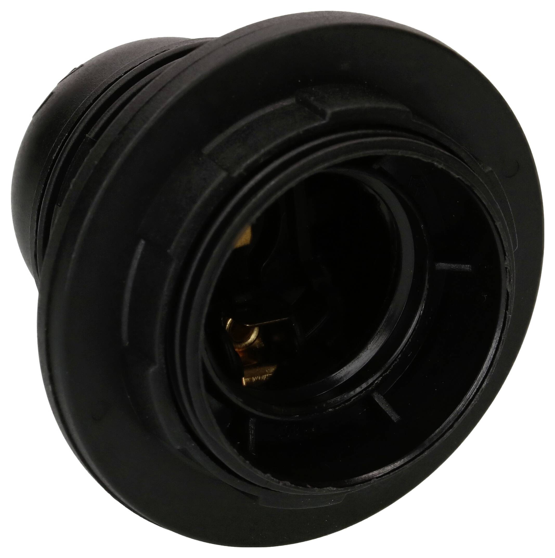 Un support de lampe noir et rond, adapté pour une utilisation avec des ampoules électriques, montre une vue intérieure avec un filetage pour la connexion de la lampe.