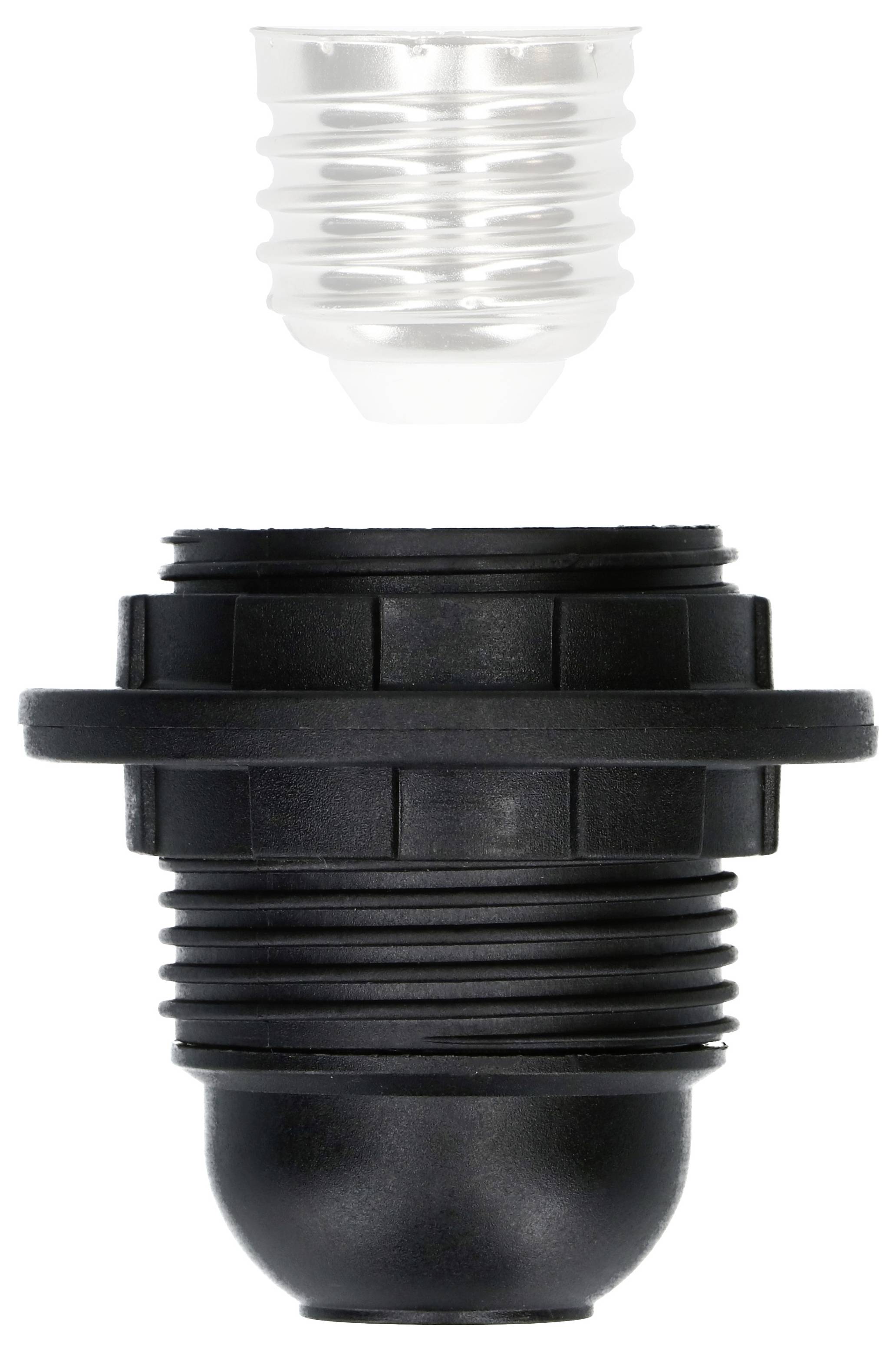 Adaptateur blanc enfichable au-dessus d'une prise noire, tous deux cylindriques et en plastique, dans un design interconnecté.