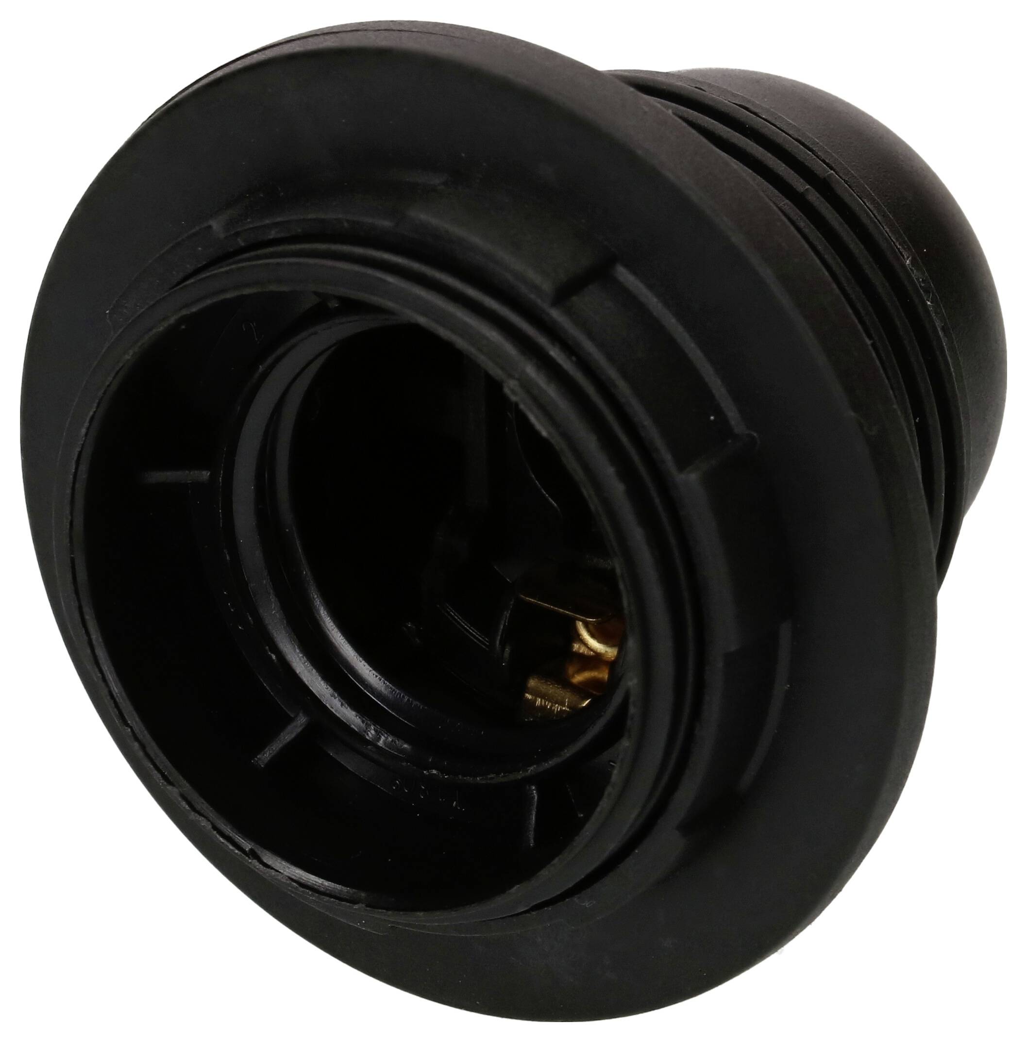 Connecteur rond en plastique noir, vu de biais depuis le haut, avec des contacts métalliques dorés à l'intérieur.