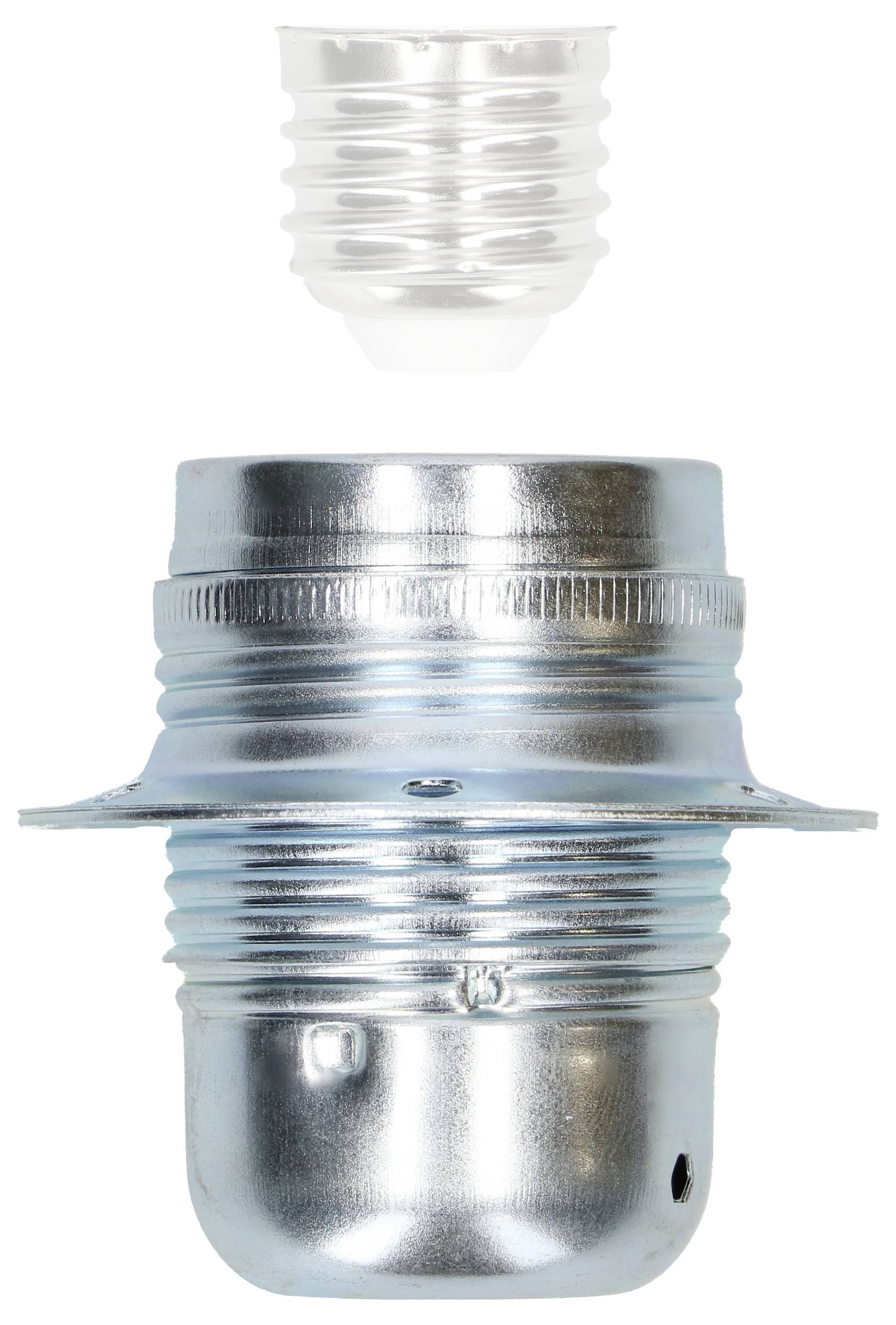 Support métallique de lampe et douille d'ampoule sur fond blanc. Douille en bas, support en haut.