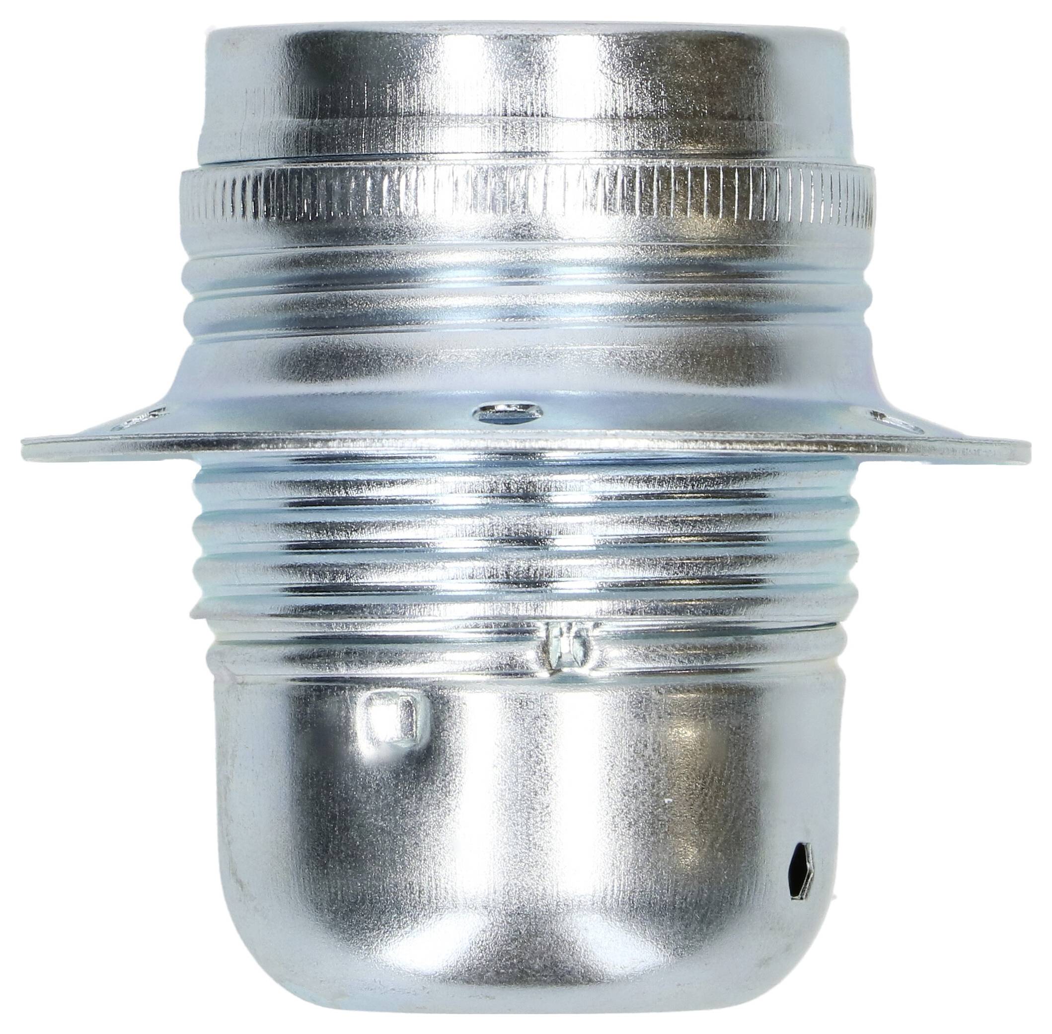 Un support de lampe en métal argenté, cylindrique avec des côtés plats et nervurés, et une ouverture circulaire à sa base.