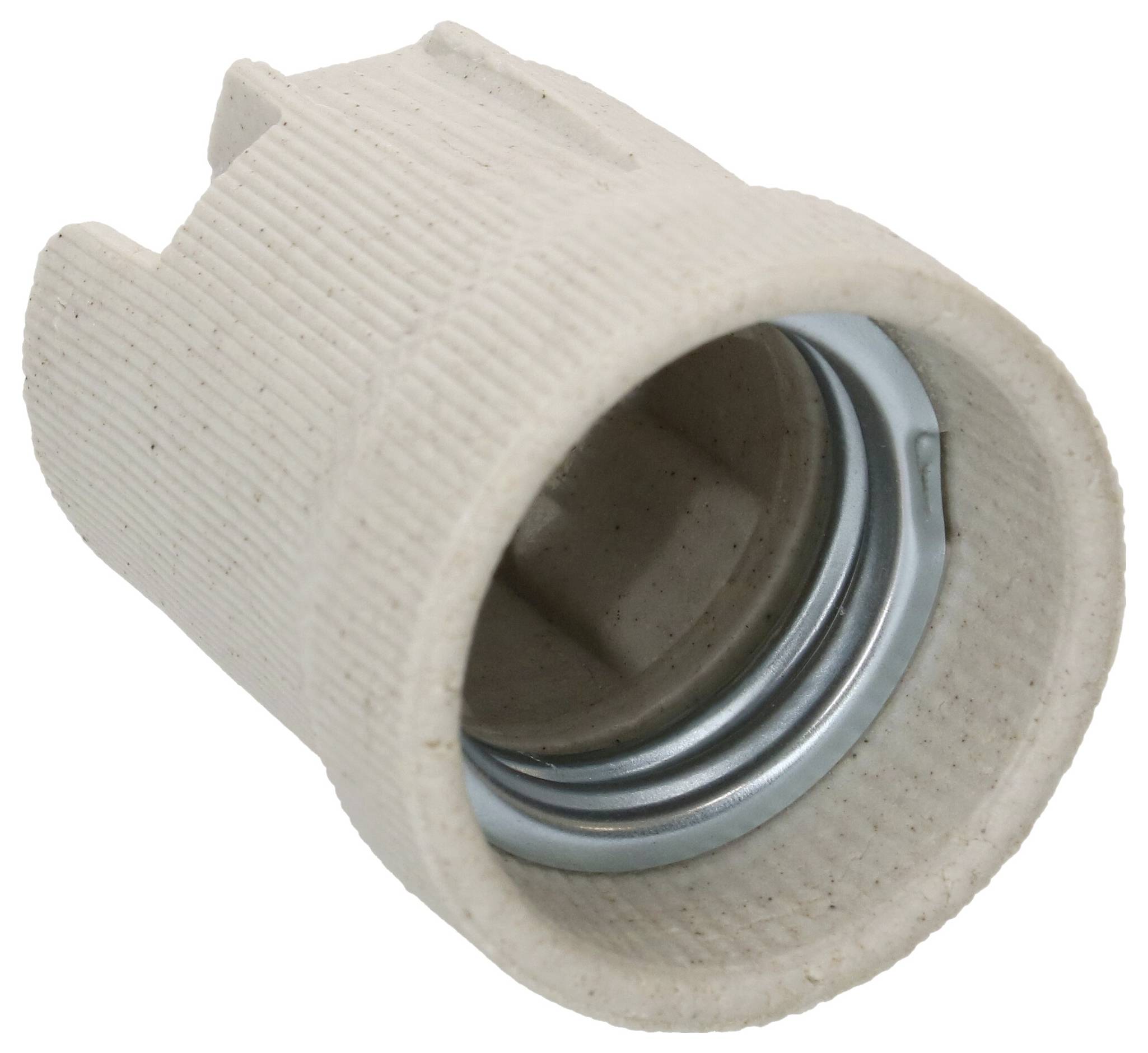 Douille en porcelaine pour ampoules, de forme cylindrique, à surface cannelée et filetage métallique intérieur.