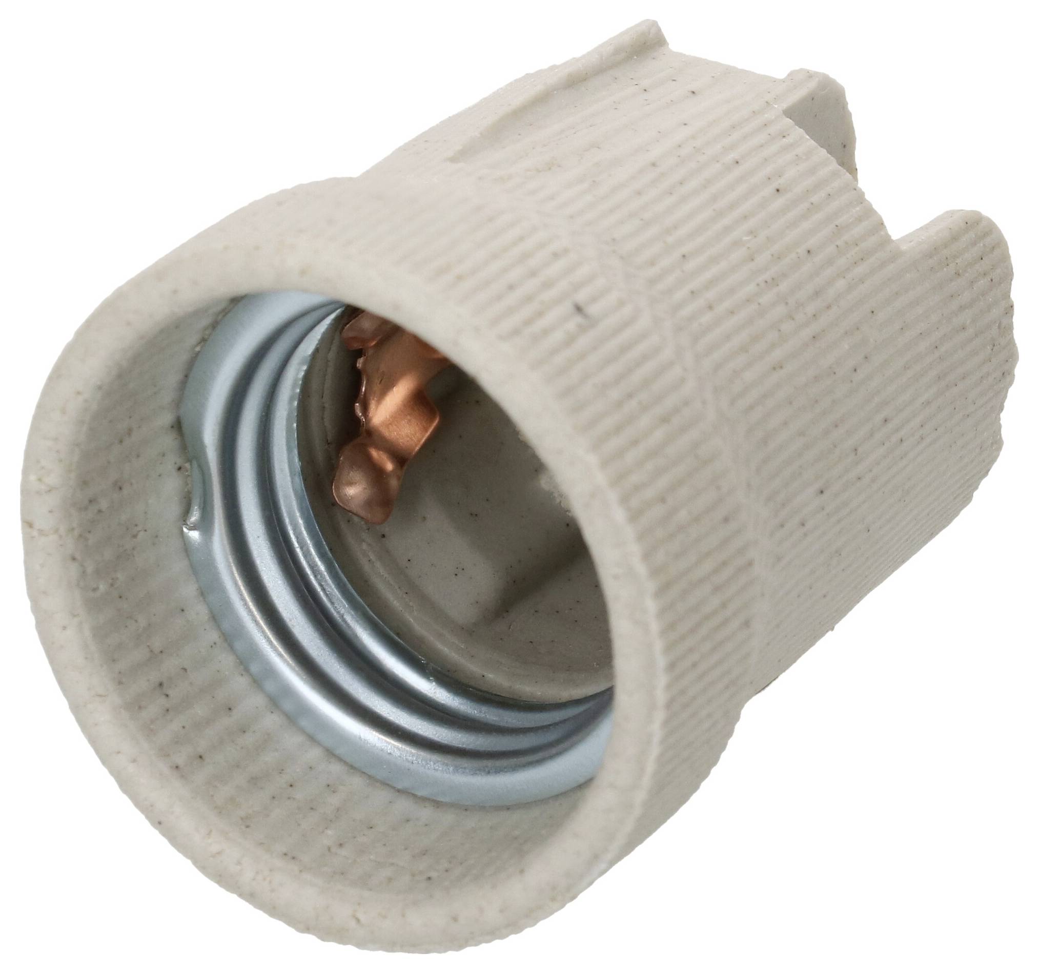 Un support de lampe en porcelaine blanche, adapté aux ampoules, avec un contact cuivré visible à l'intérieur.