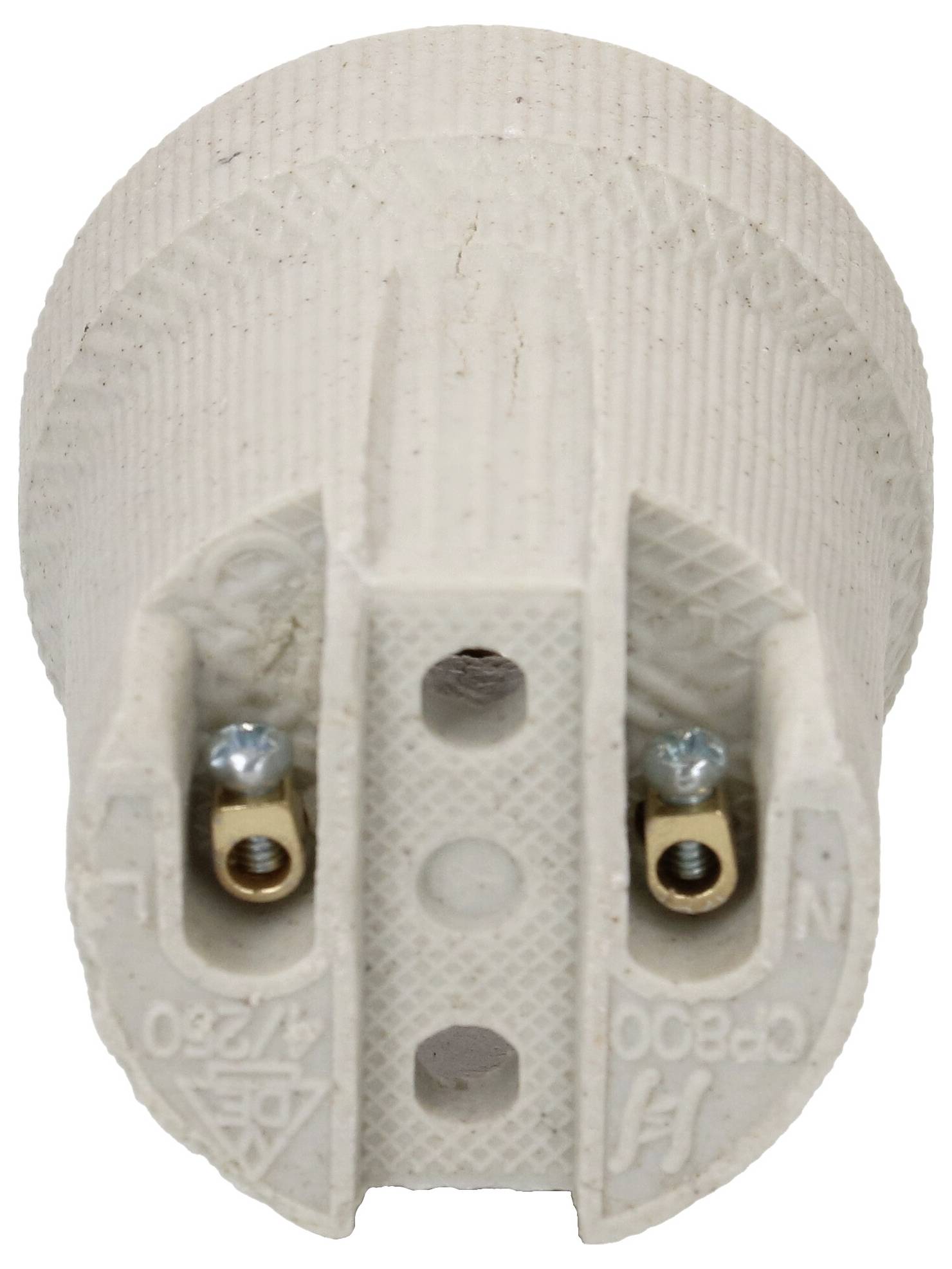 Un socle en céramique blanche pour une ampoule avec deux connexions à vis visibles. Adapté pour les installations techniques.