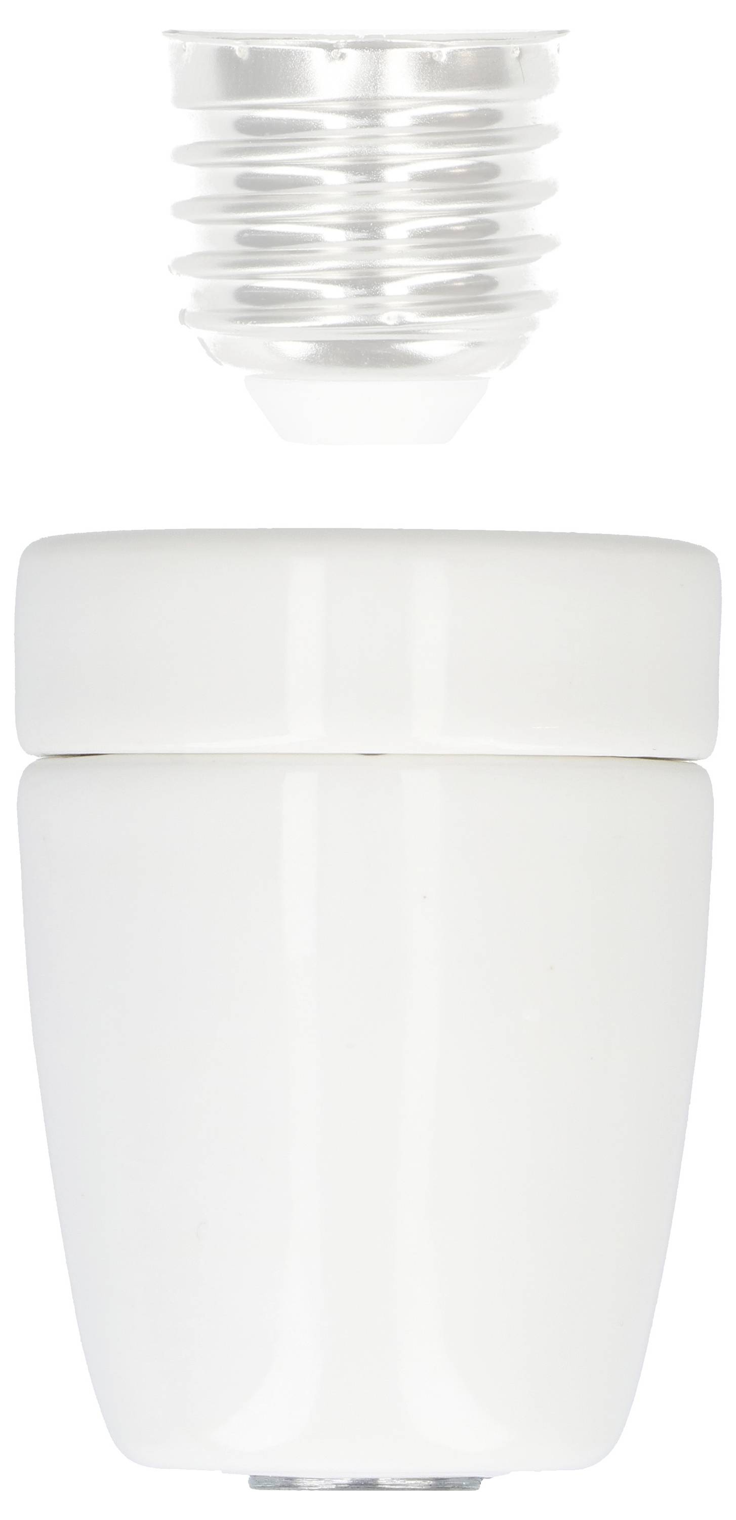 Adaptateur électrique blanc avec support de vis E27, composé de deux parties : une partie à visser et une partie inférieure élargie.