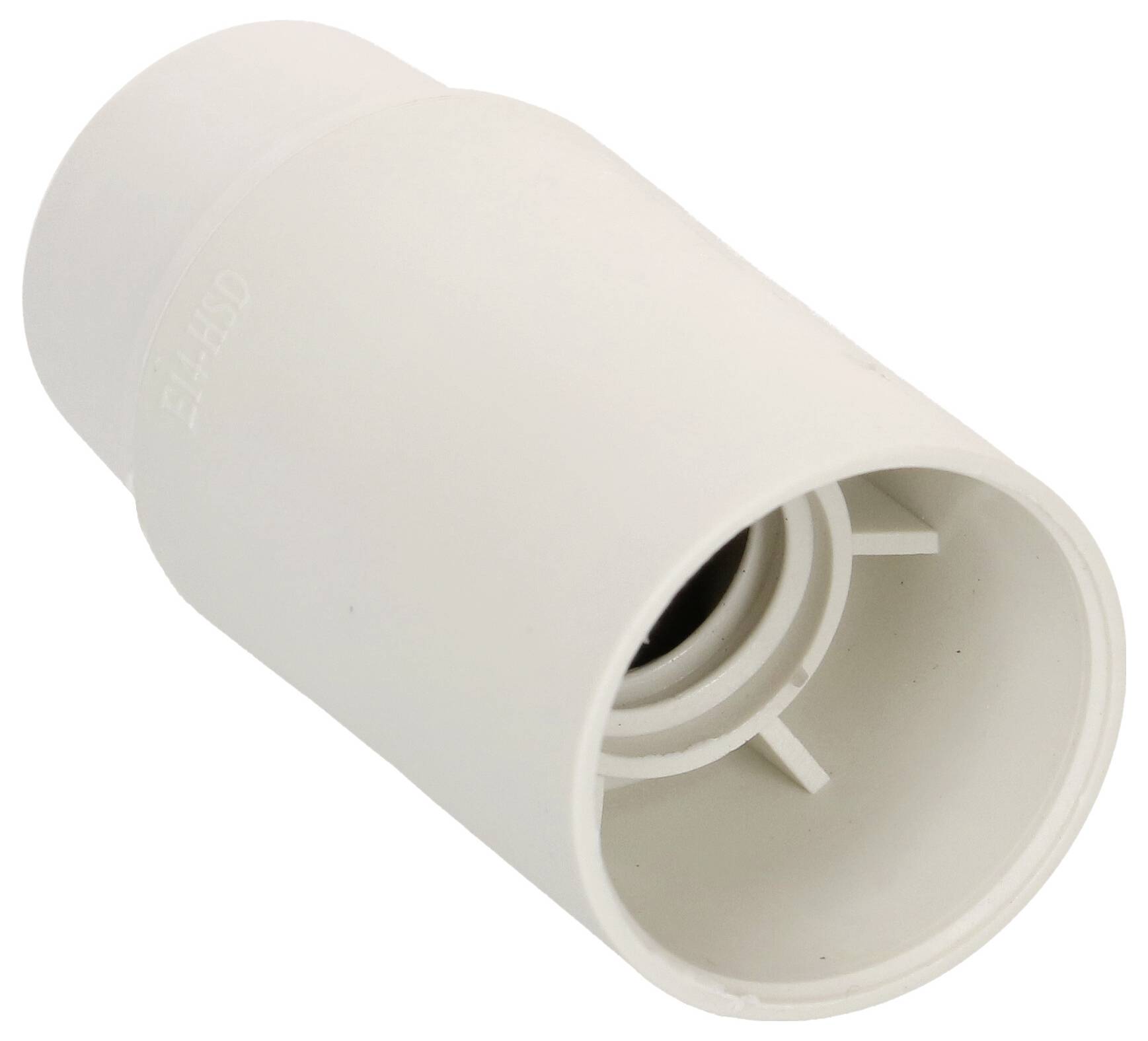 Un connecteur cylindrique blanc en plastique avec filetage intérieur, utilisé pour relier des tuyaux ou des câbles.