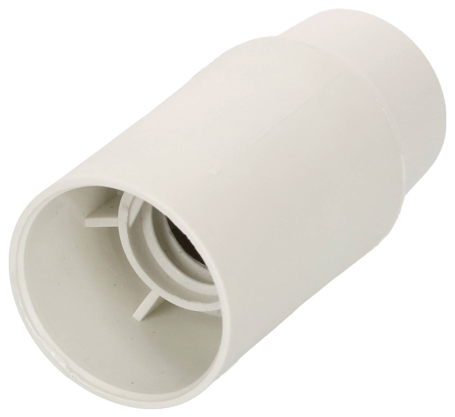 Raccord de tuyau en plastique blanc de forme cylindrique avec filetage intérieur, photographié en biais de côté.