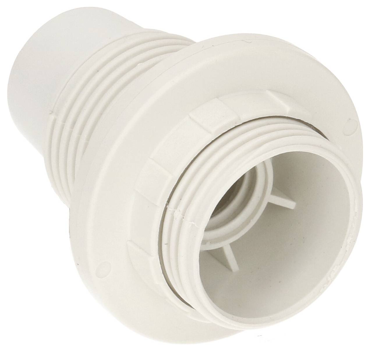Raccord cylindrique blanc en plastique avec nervures et filetage, utilisé pour connecter des tuyaux ou des tubes dans des installations.