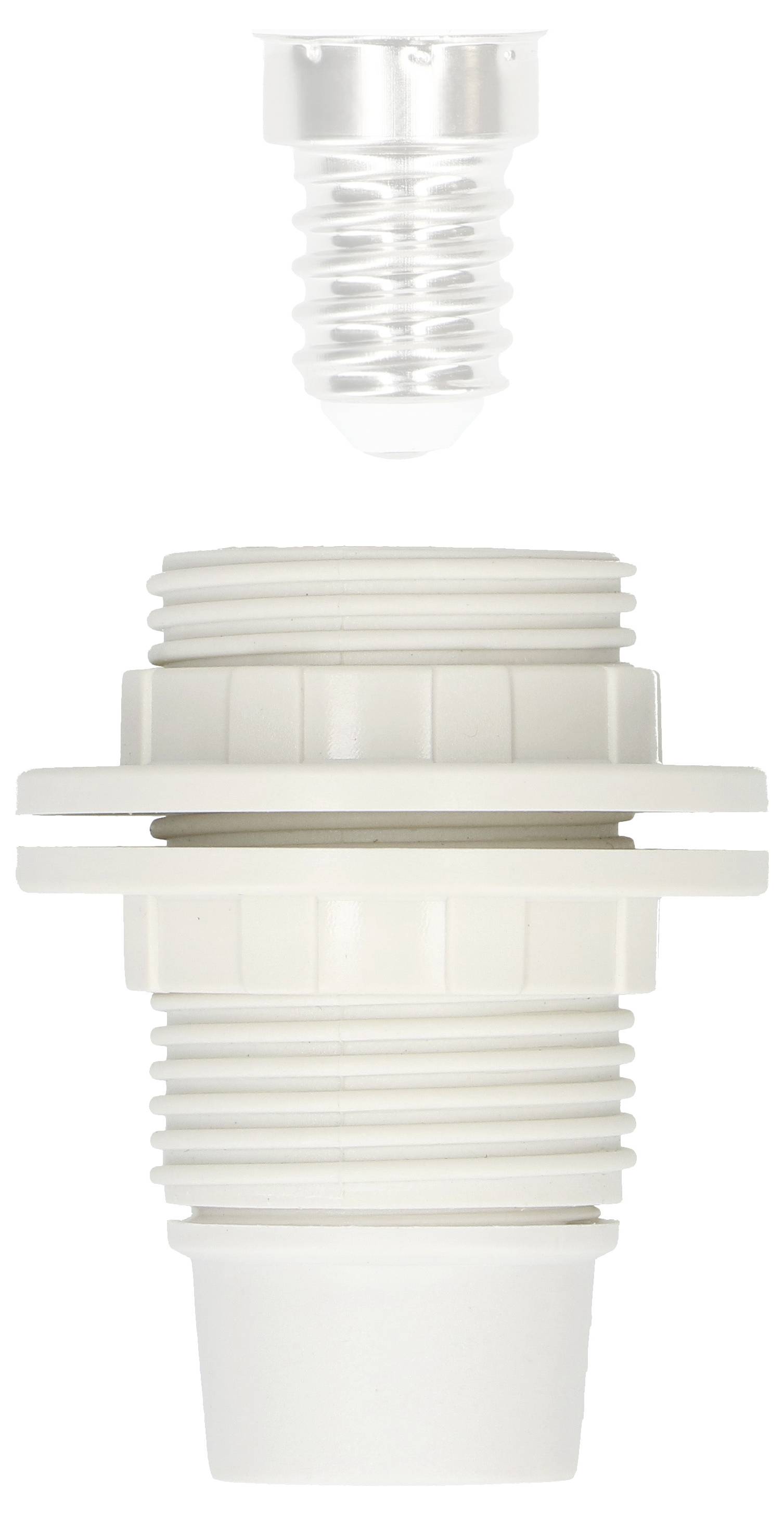 Pièce en plastique blanc avec filetage et joint, représentée en vue éclatée. La partie supérieure montre un bouchon à vis.