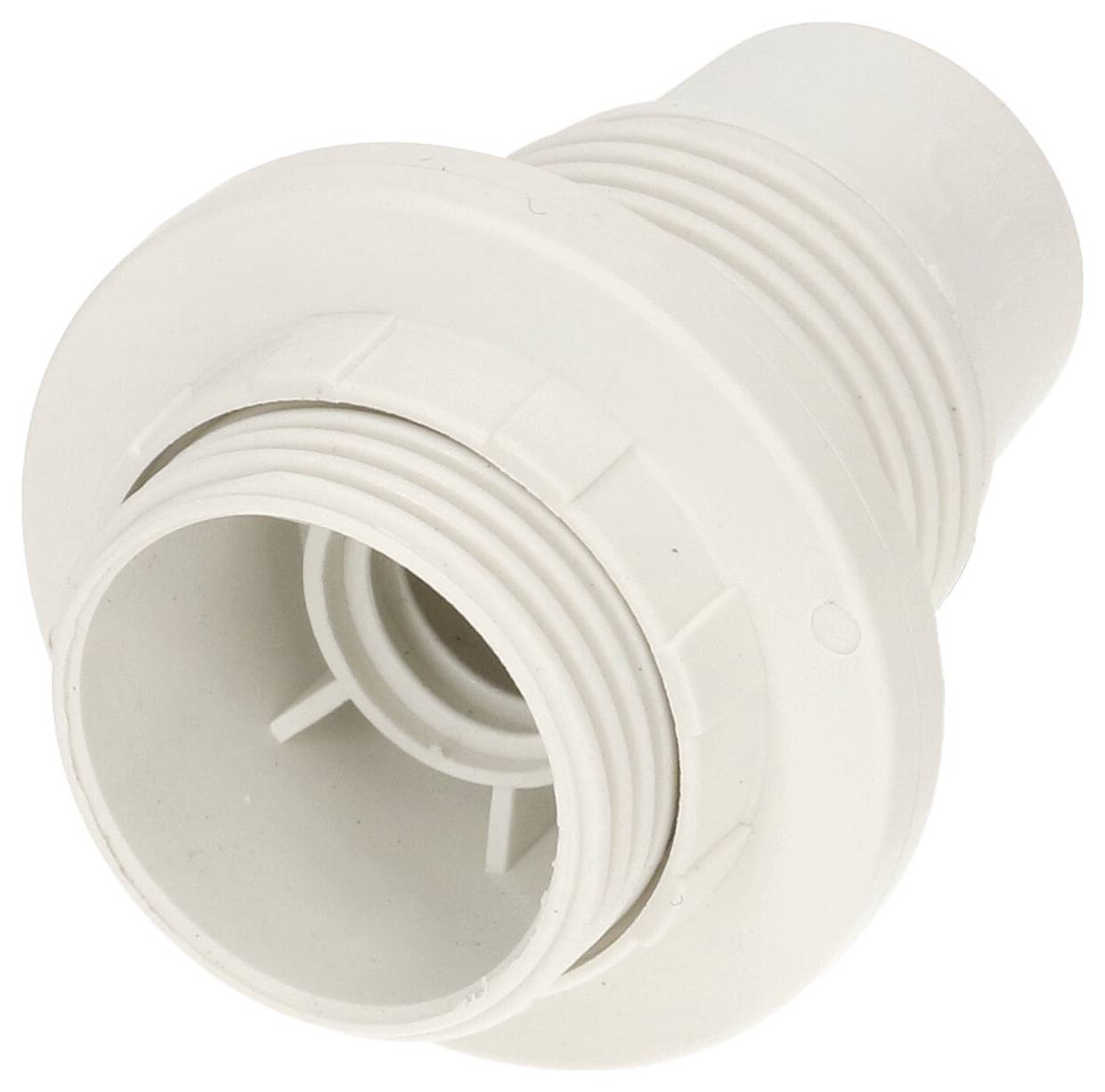 Connexion à vis en plastique blanc avec filetage, bague d'embouchure et zone de jointoyage, adaptée aux systèmes de tuyauterie ou de tuyaux flexibles.
