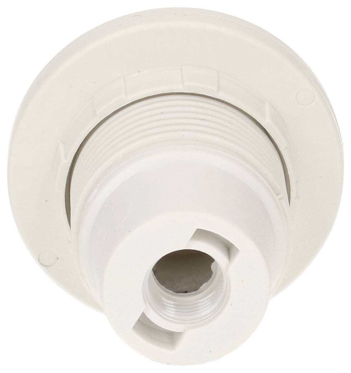 Support de lampe en plastique blanc avec base ronde, adapté pour une installation au plafond ou au mur, servant à fixer et alimenter une ampoule.