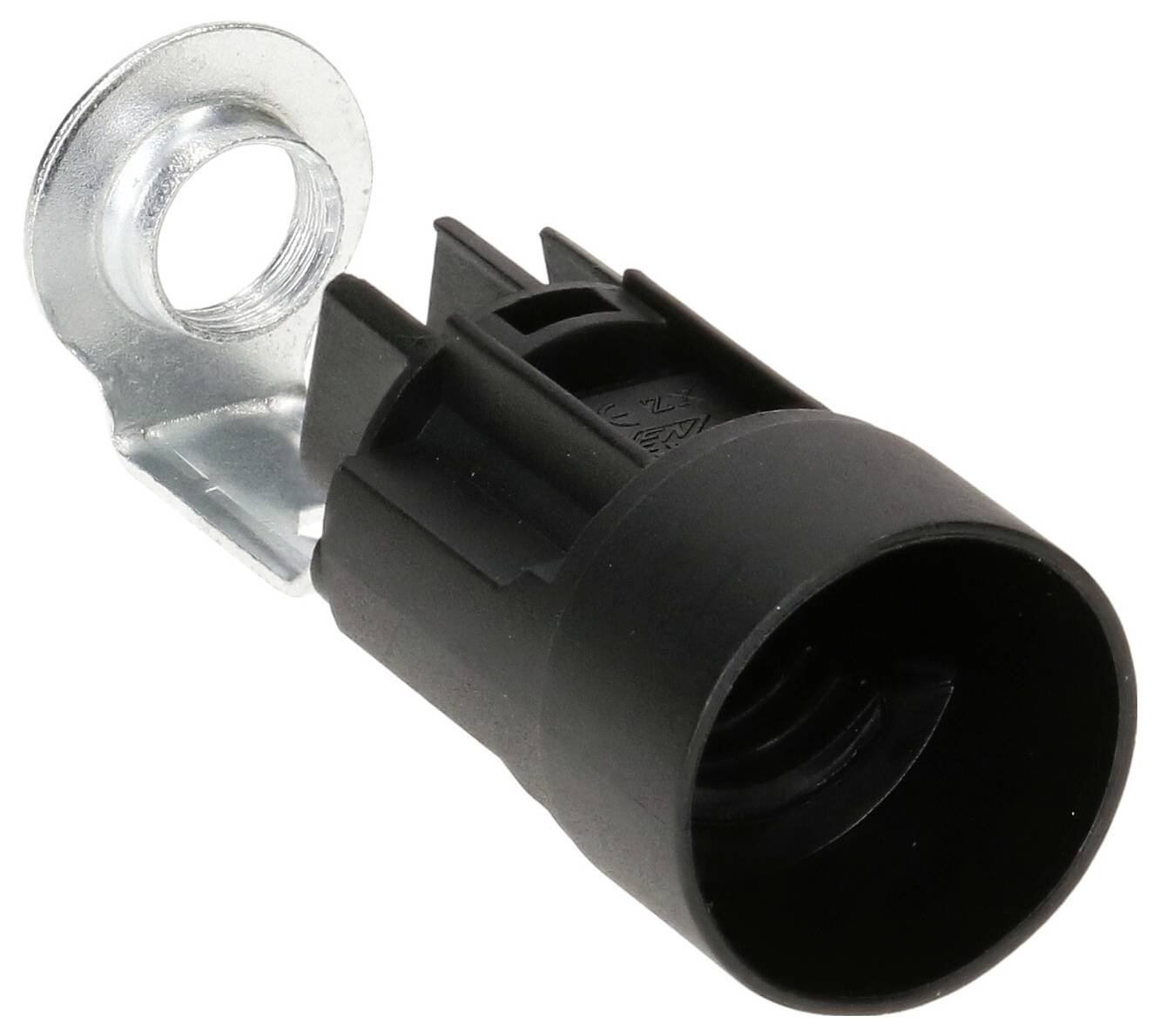Un connecteur noir avec une bague métallique de fixation.