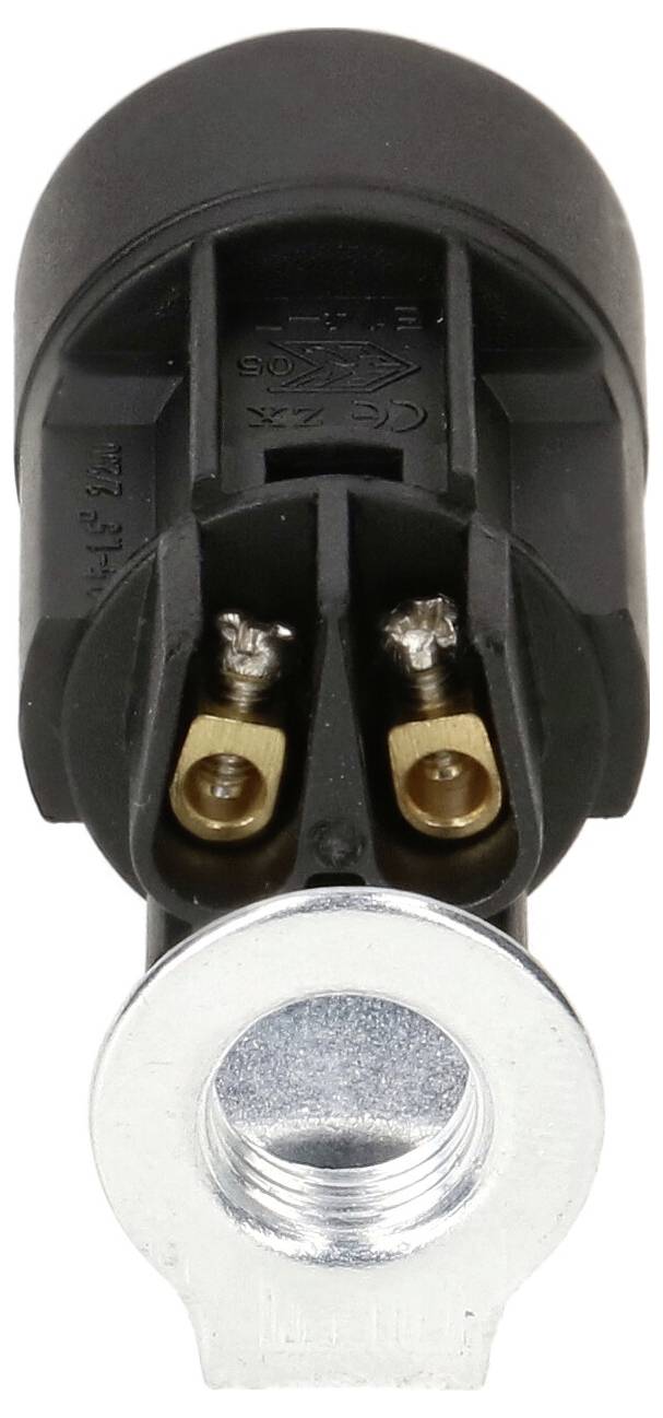 Vue de face d'une borne de batterie noire avec un filetage métallique en bas et deux contacts dorés en haut.