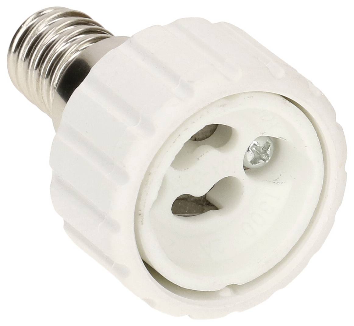 Un adaptateur de douille de lampe blanc, avec un filetage E27 sur un support E14, principalement fabriqué en plastique et en métal.