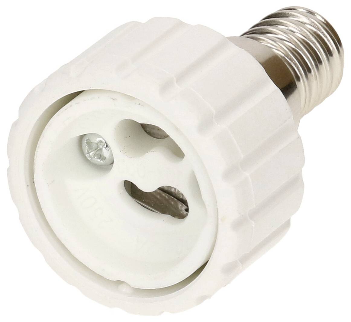 Un adaptateur de lampe blanc E14 pour douille à baïonnette, montrant les extrémités à vis et à baïonnette.