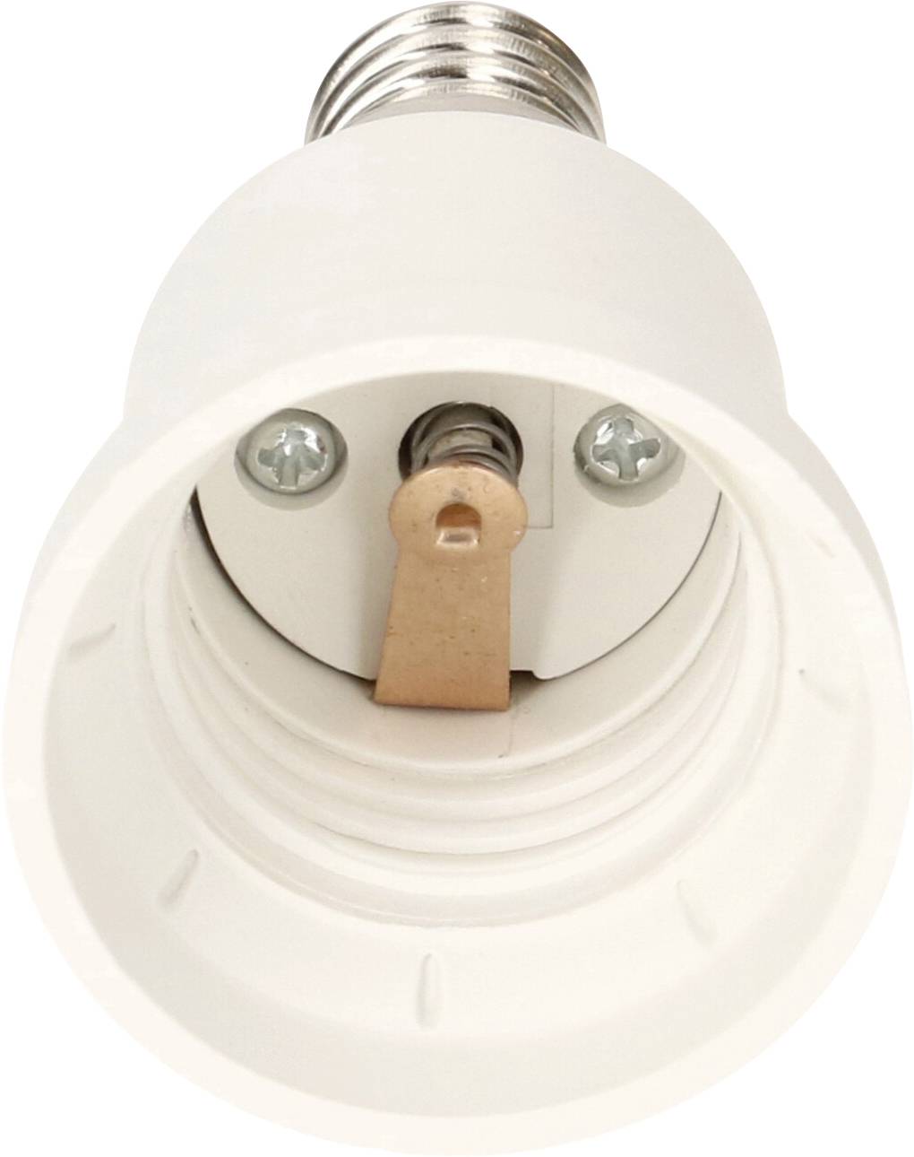 Un support de lampe blanc en plastique avec un filetage, deux vis et un contact intérieur pour la connexion d'une ampoule.