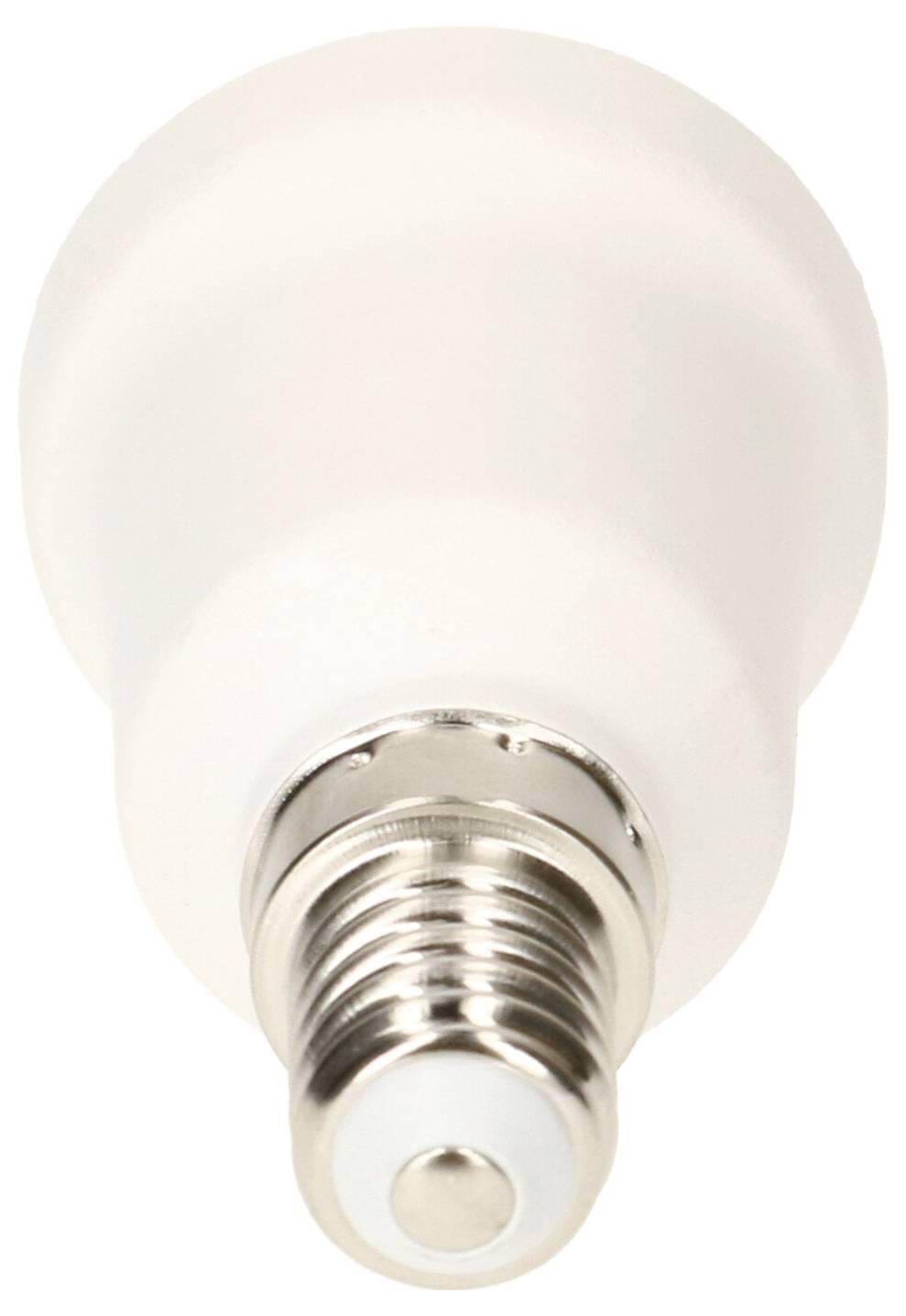 Une ampoule LED blanche avec un culot E27, vue de dessous, montre le pas de vis.