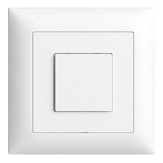 Un interrupteur blanc carré sur un mur. L'interrupteur est situé au centre d'un cache rectangulaire.
